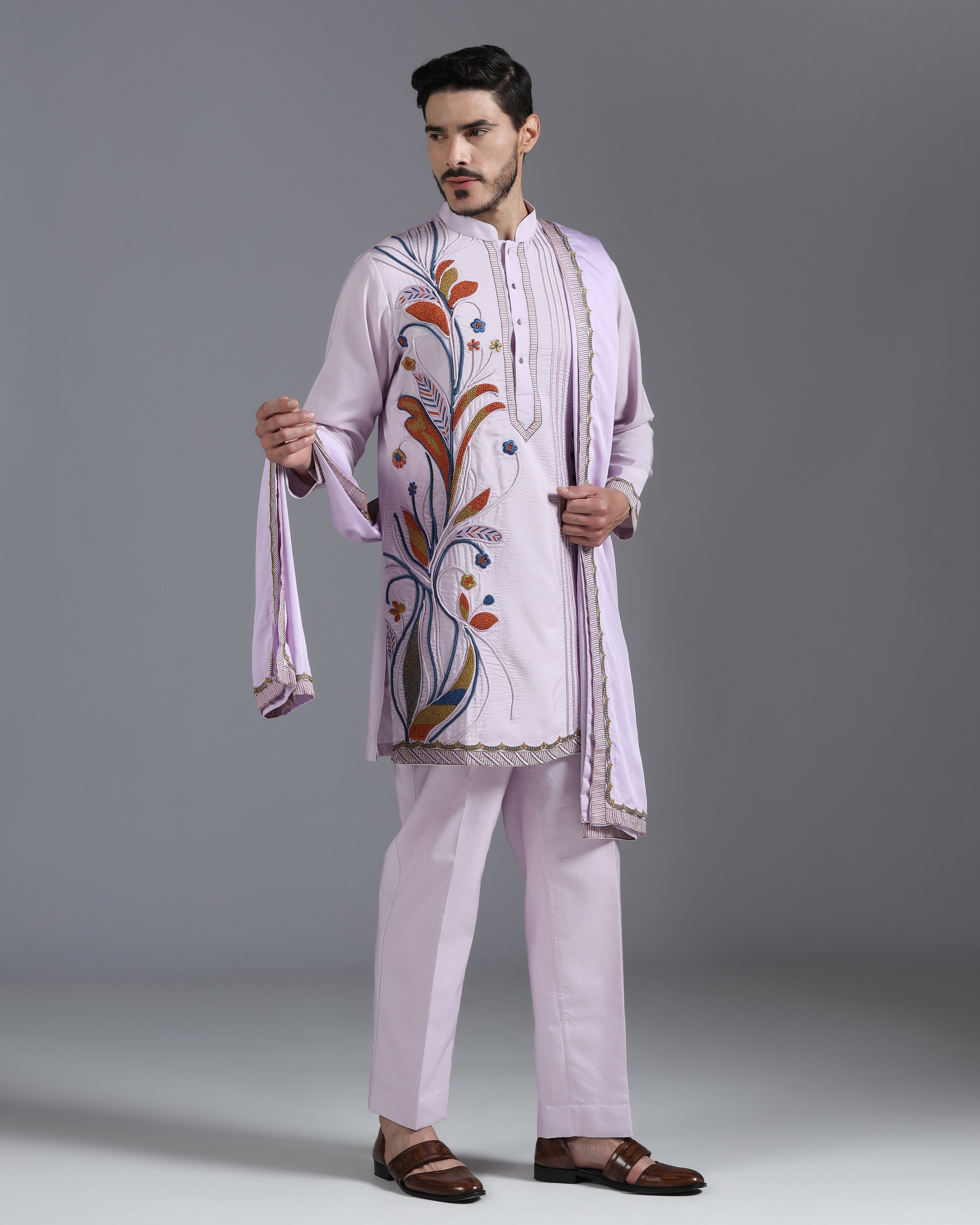 Lilac Hand-Embroidered Kurta Set with Dupatta