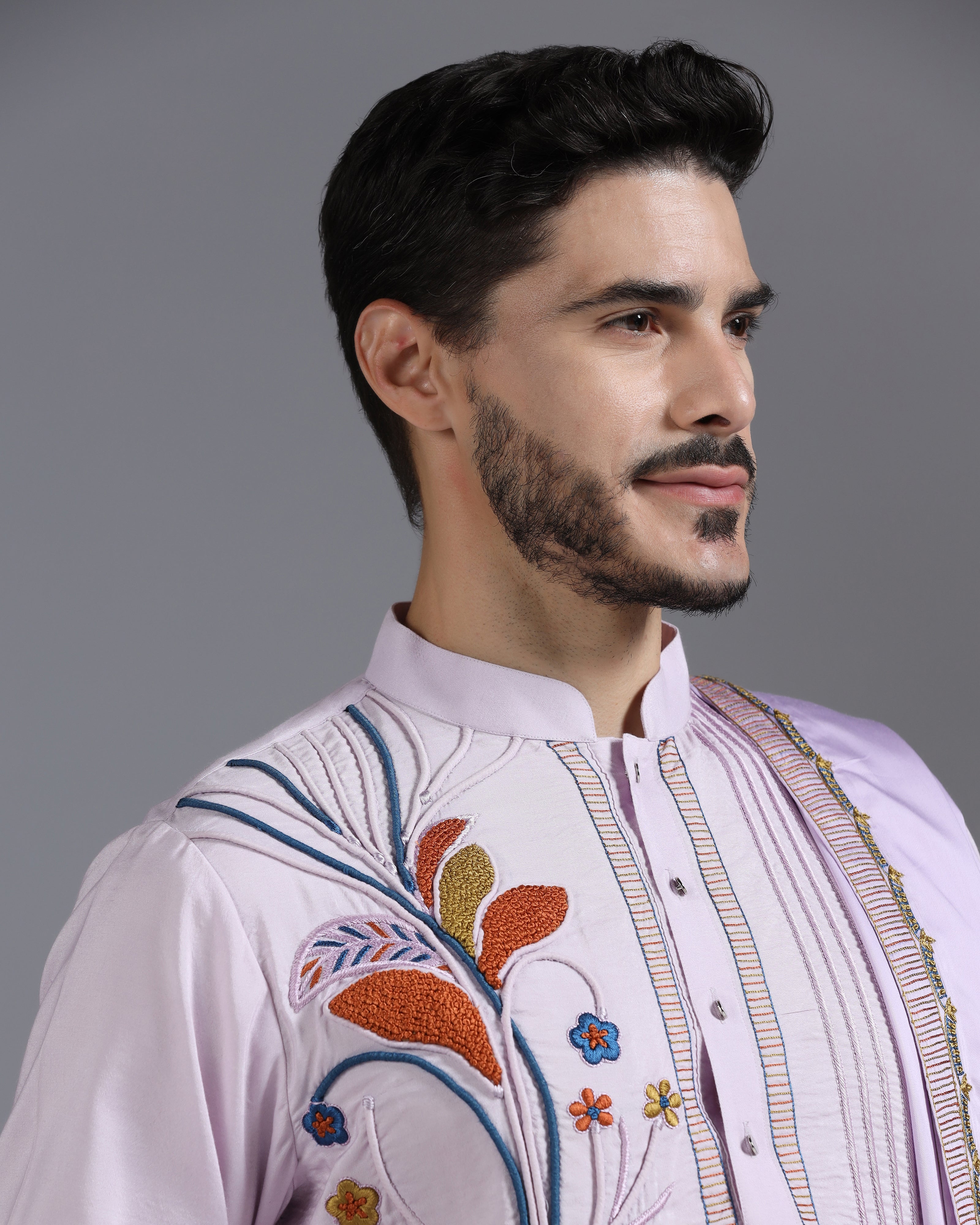 Lilac Hand-Embroidered Kurta Set with Dupatta