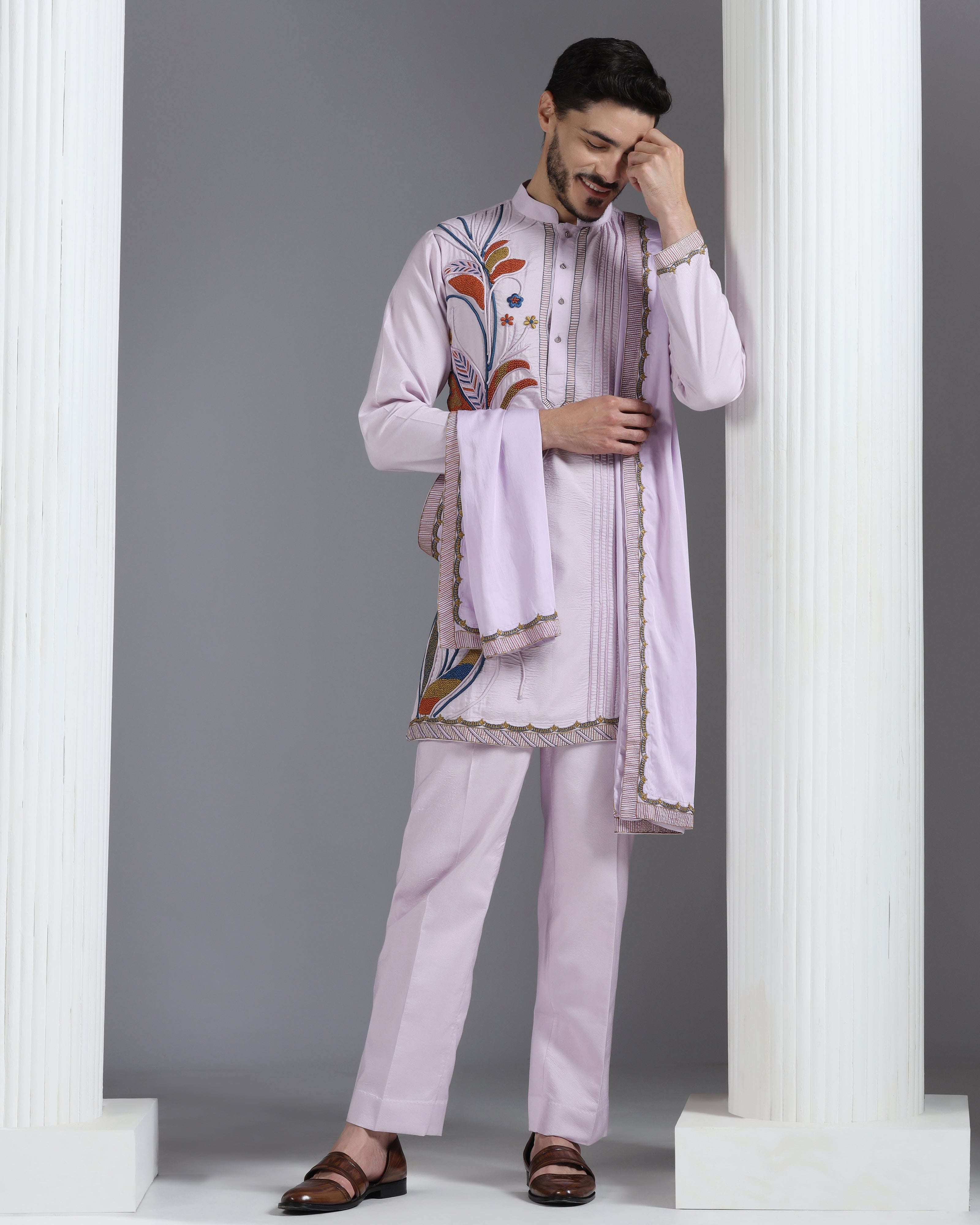 Lilac Hand-Embroidered Kurta Set with Dupatta
