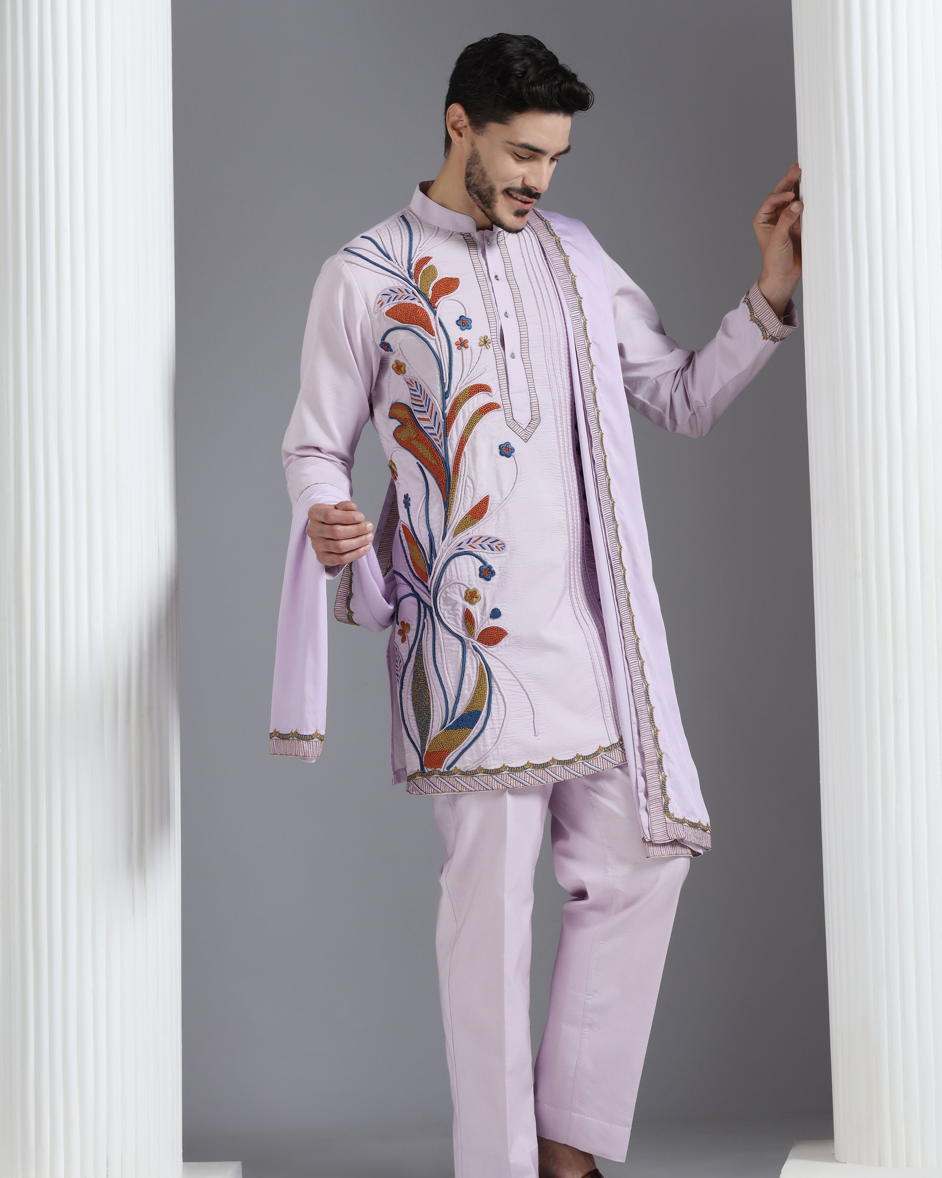 Lilac Hand-Embroidered Kurta Set with Dupatta