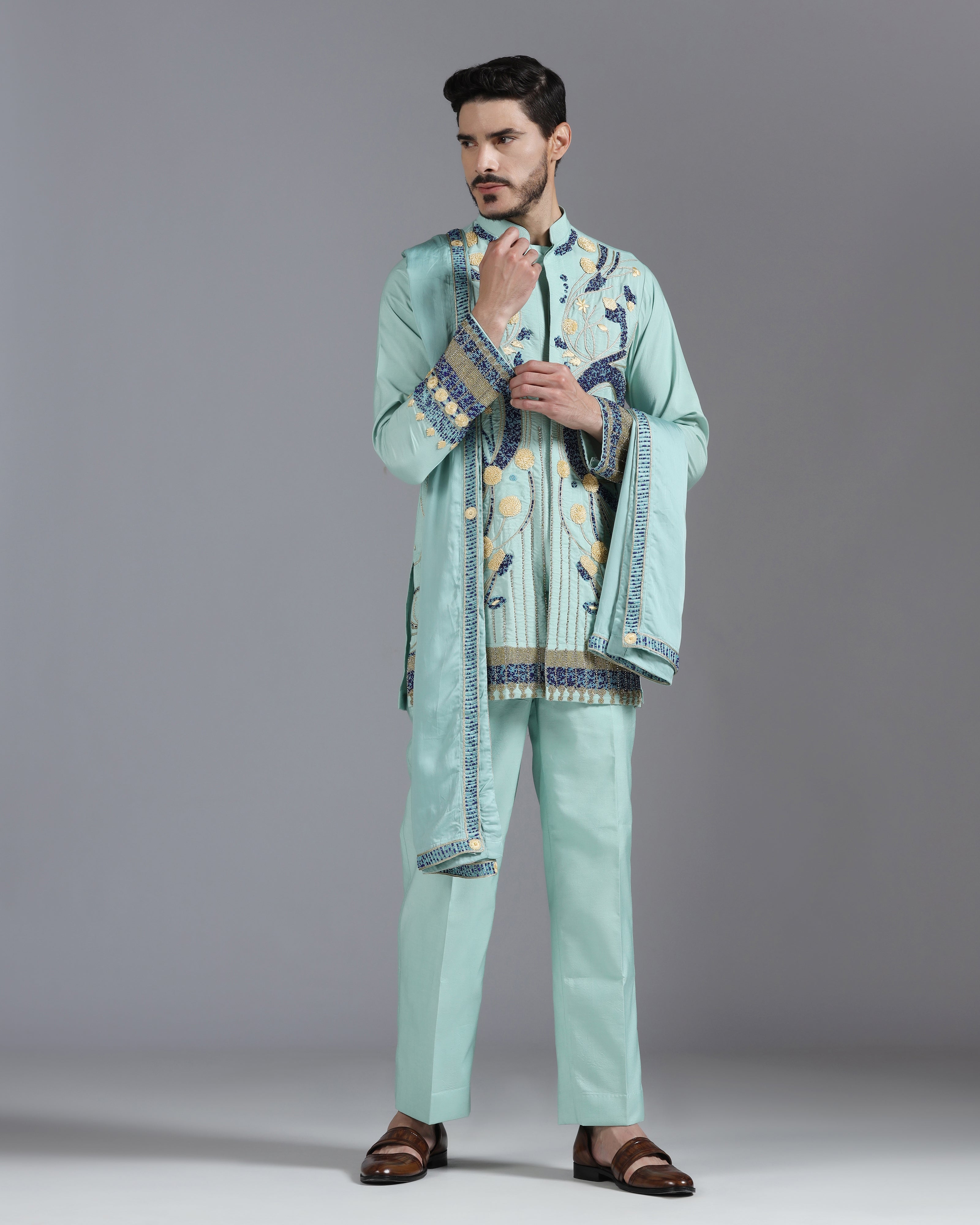 Elysian Bloom Embroidered Kurta Set – Mint Green