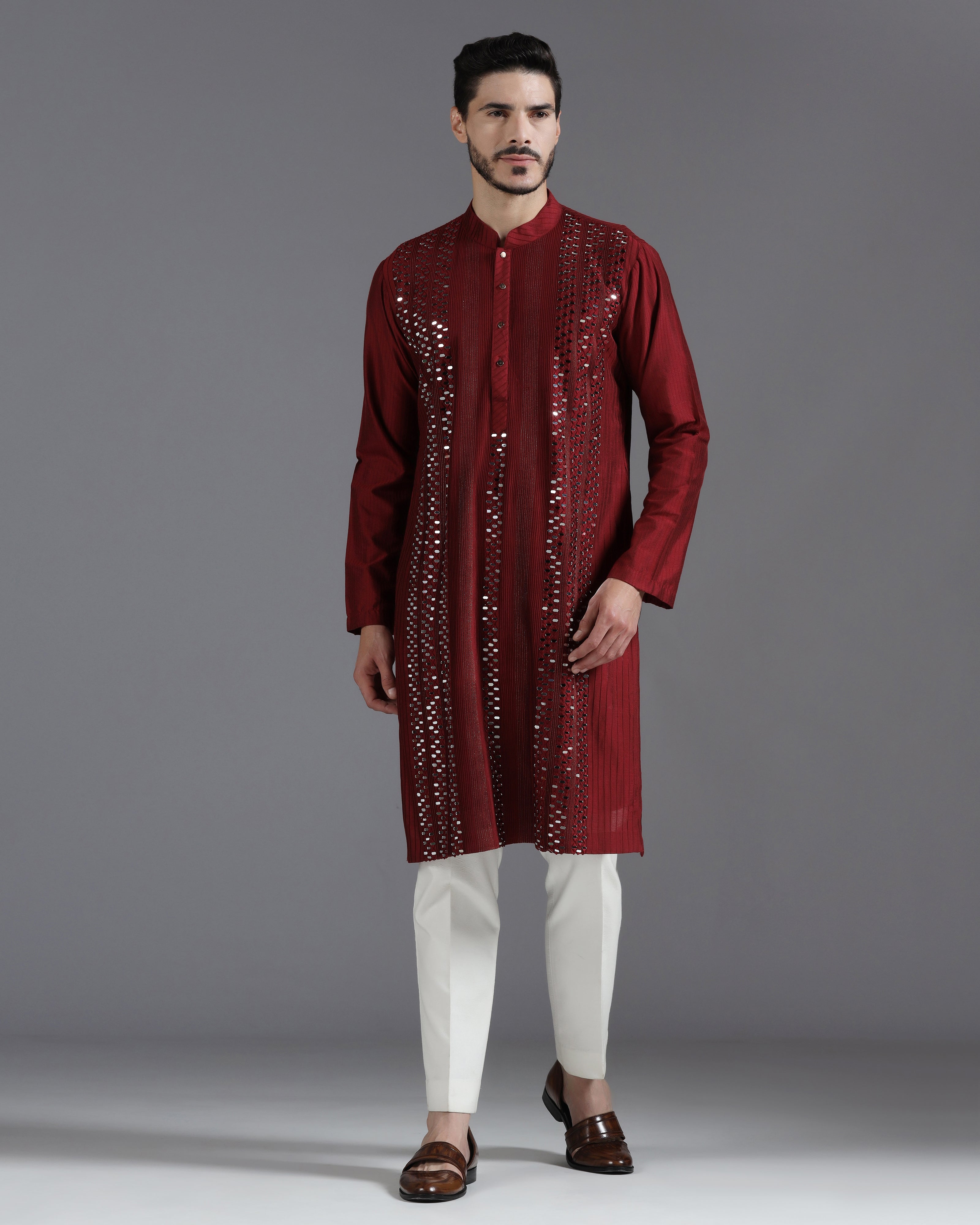 Aariz Mirror Embroidered Kurta Set – Maroon