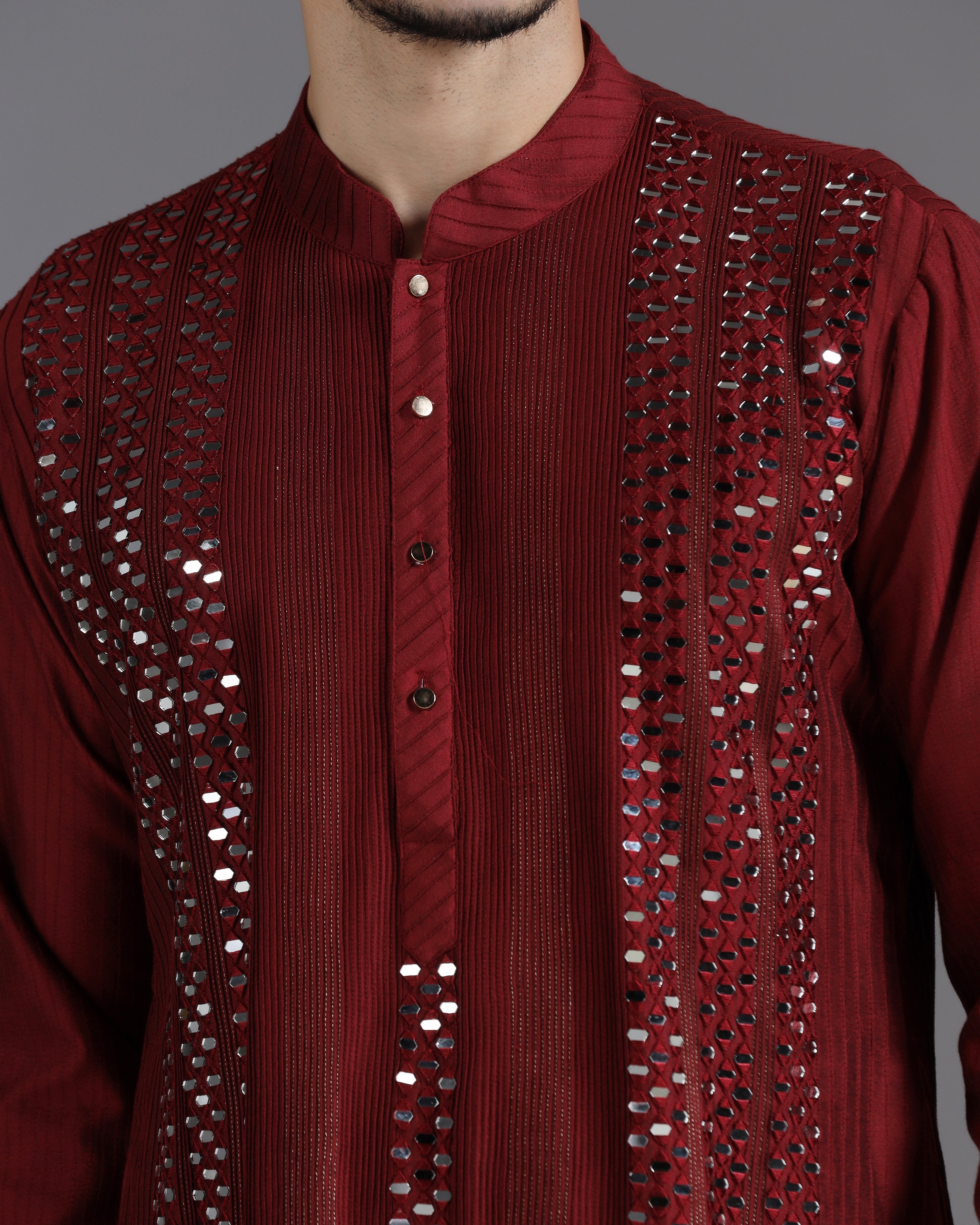 Aariz Mirror Embroidered Kurta Set – Maroon