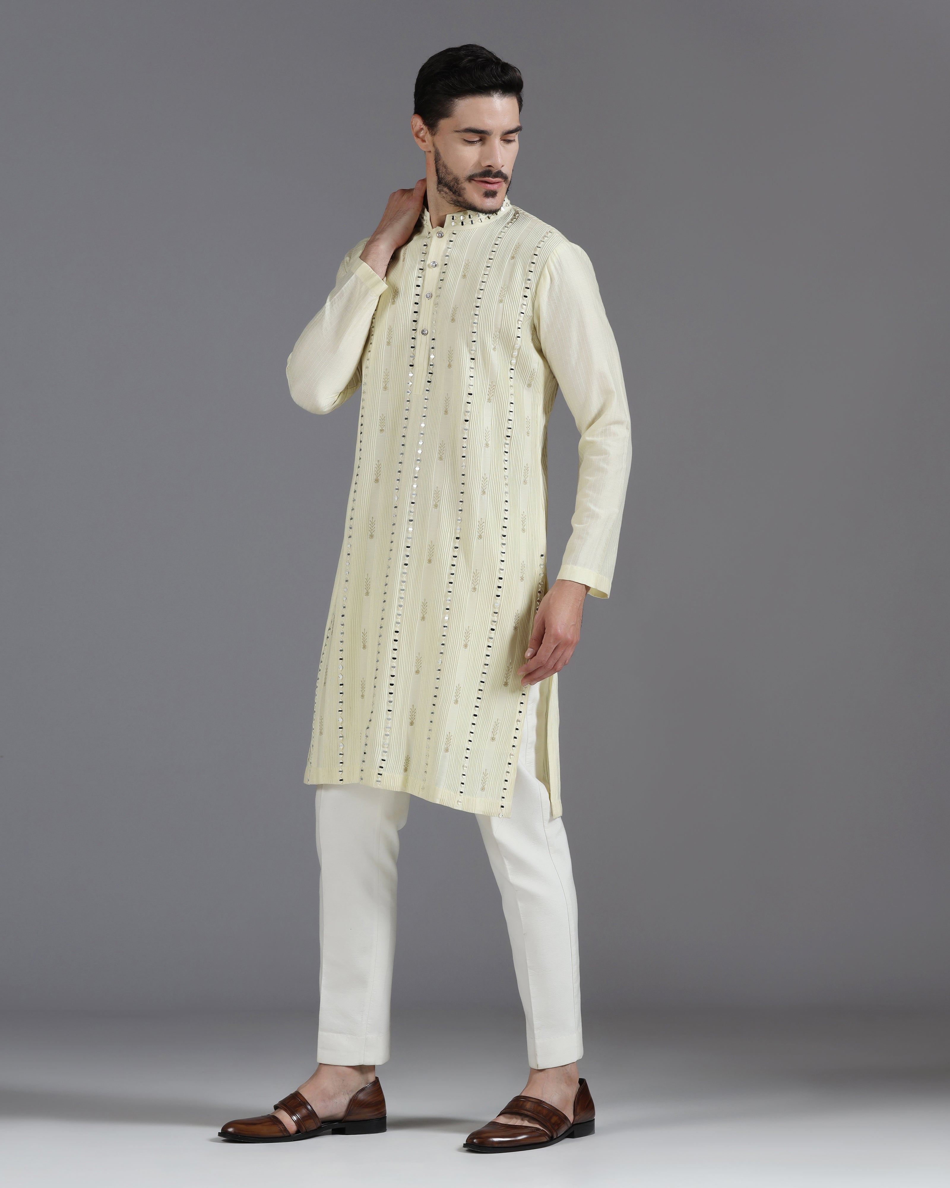 Lime Mirror Work Kurta Set