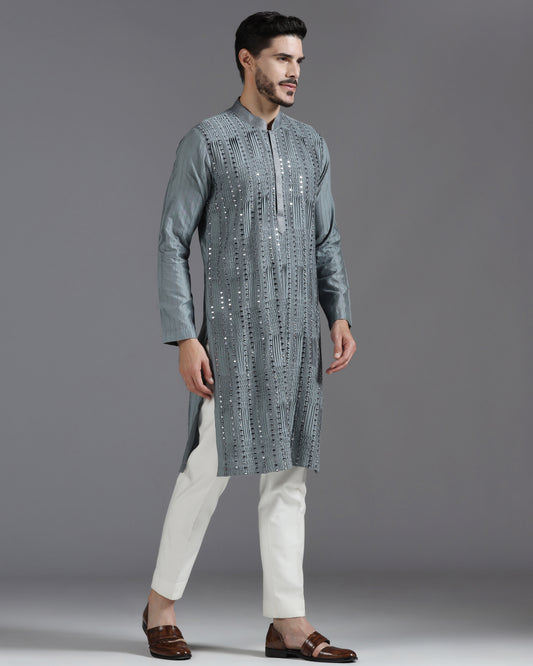 Grey Mirror Work Kurta Set