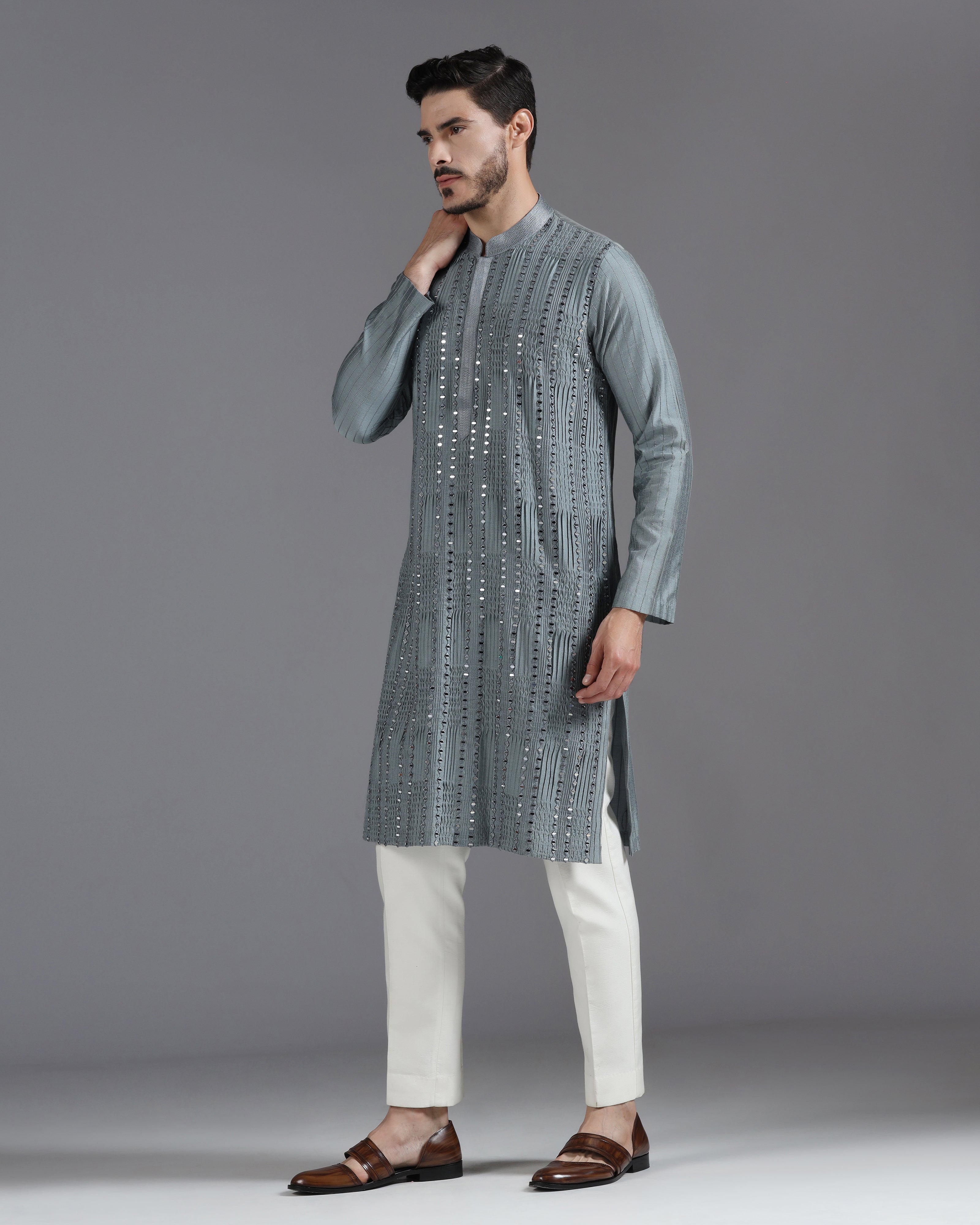 Grey Mirror Work Kurta Set