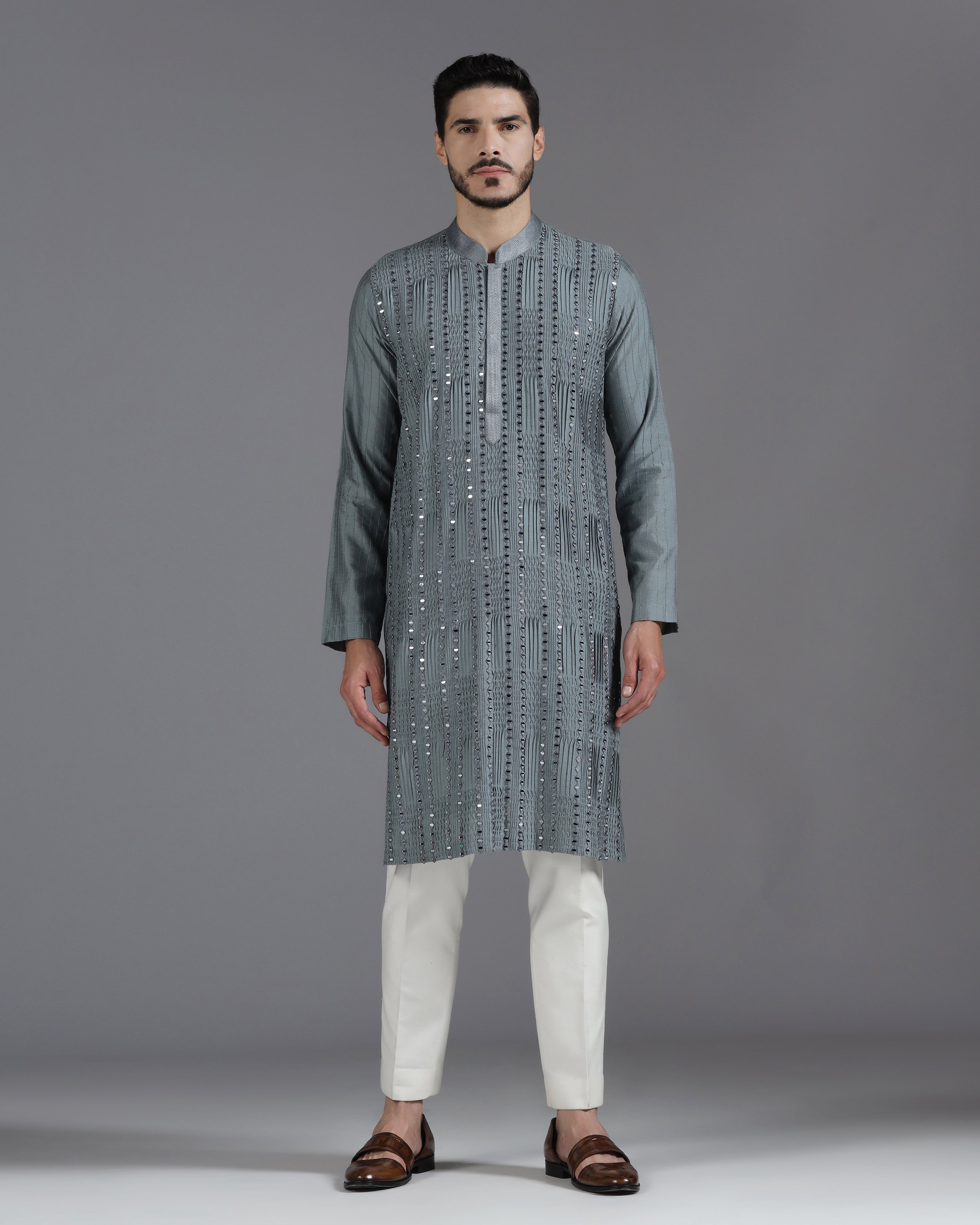 Grey Mirror Work Kurta Set