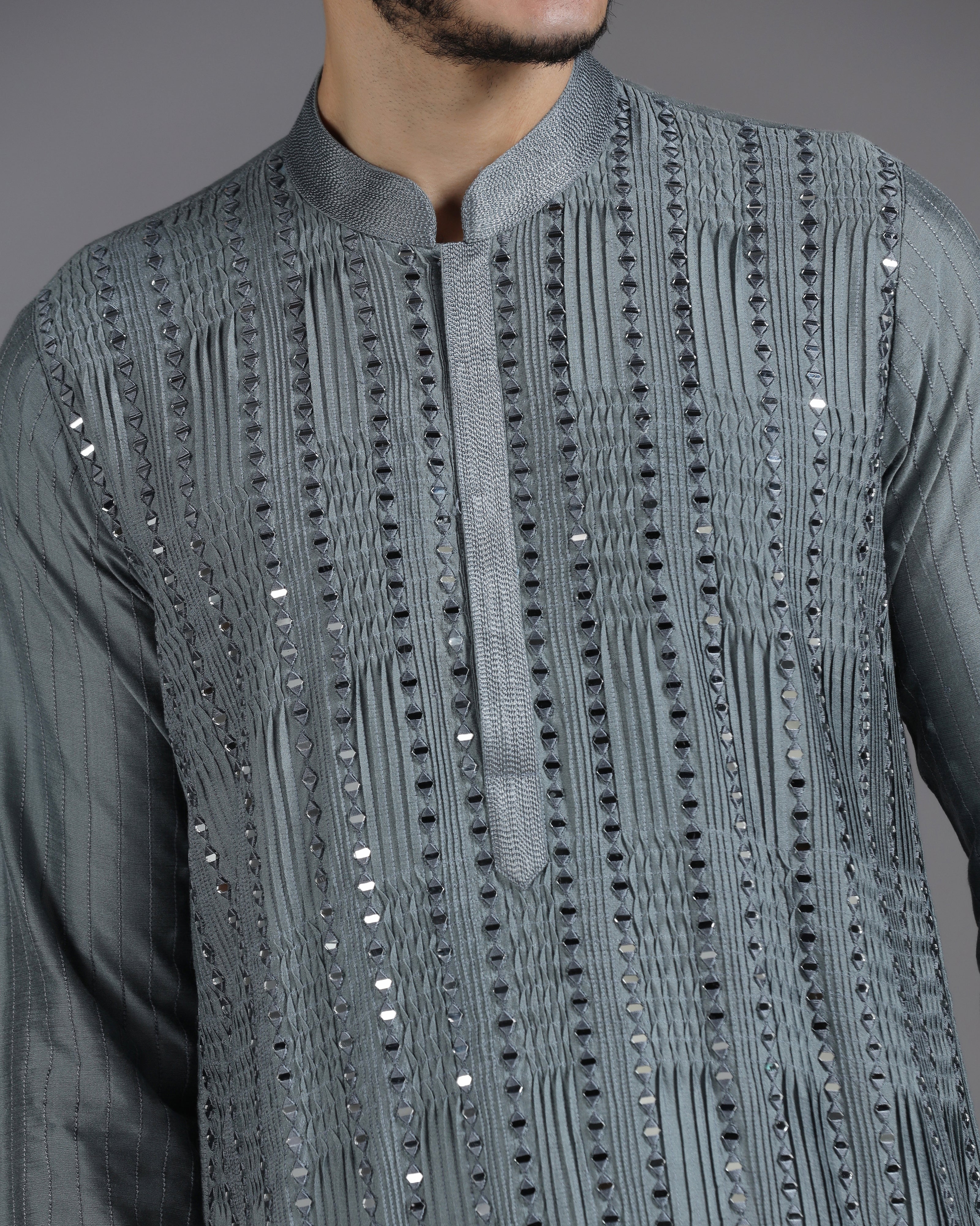 Grey Mirror Work Kurta Set