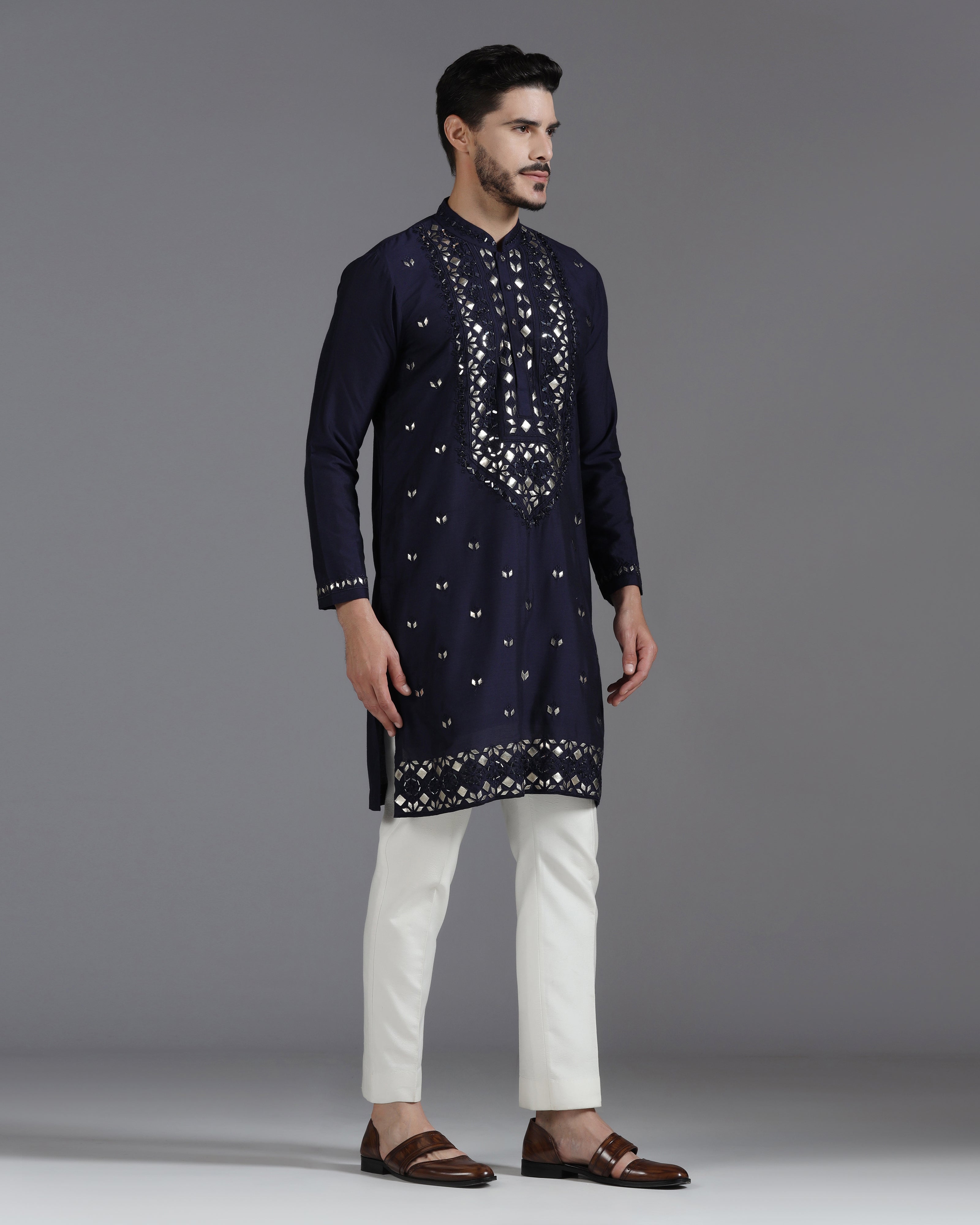 Navy Blue Mirror & Leathrite Embroidered Kurta Set