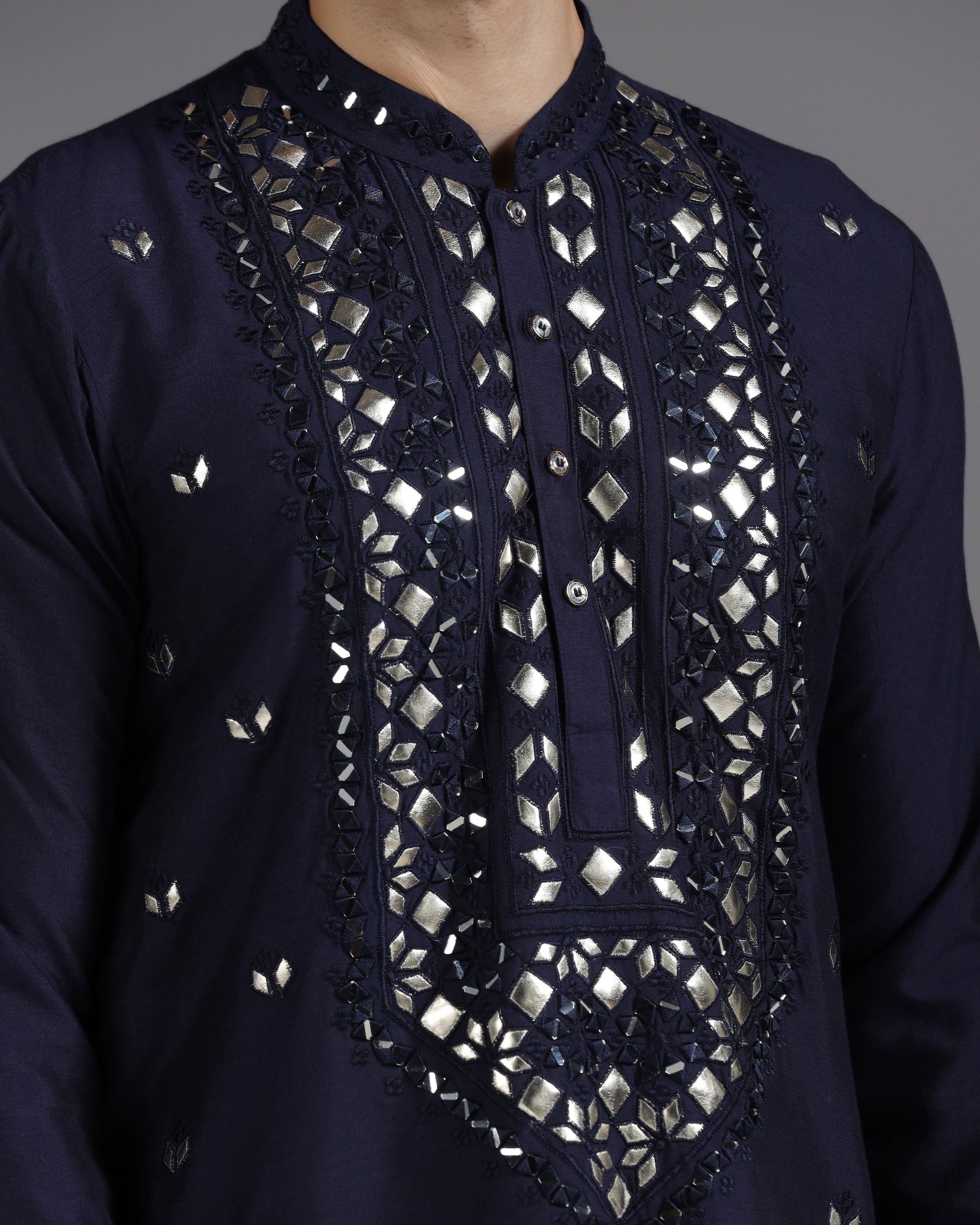 Navy Blue Mirror & Leathrite Embroidered Kurta Set