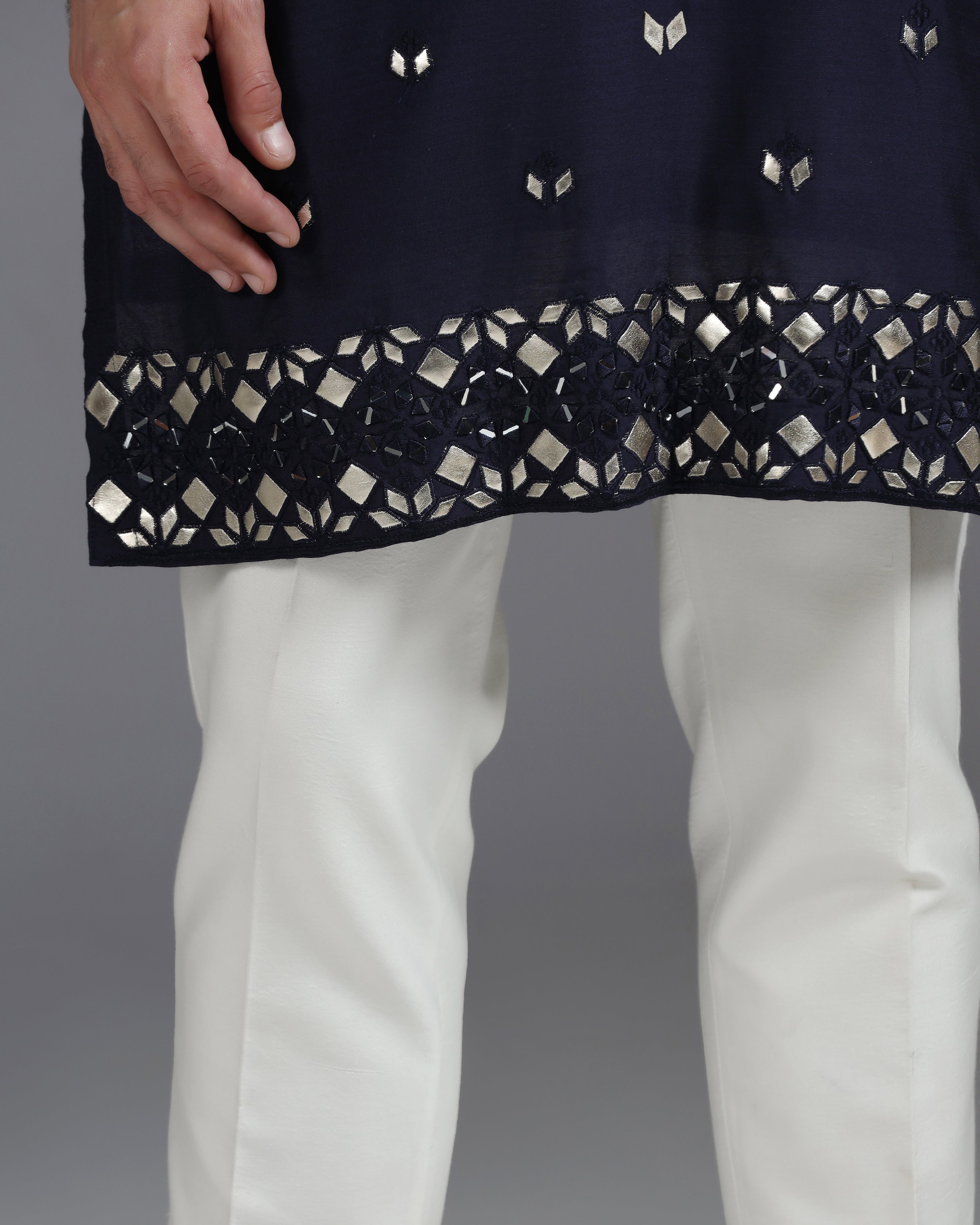 Navy Blue Mirror & Leathrite Embroidered Kurta Set