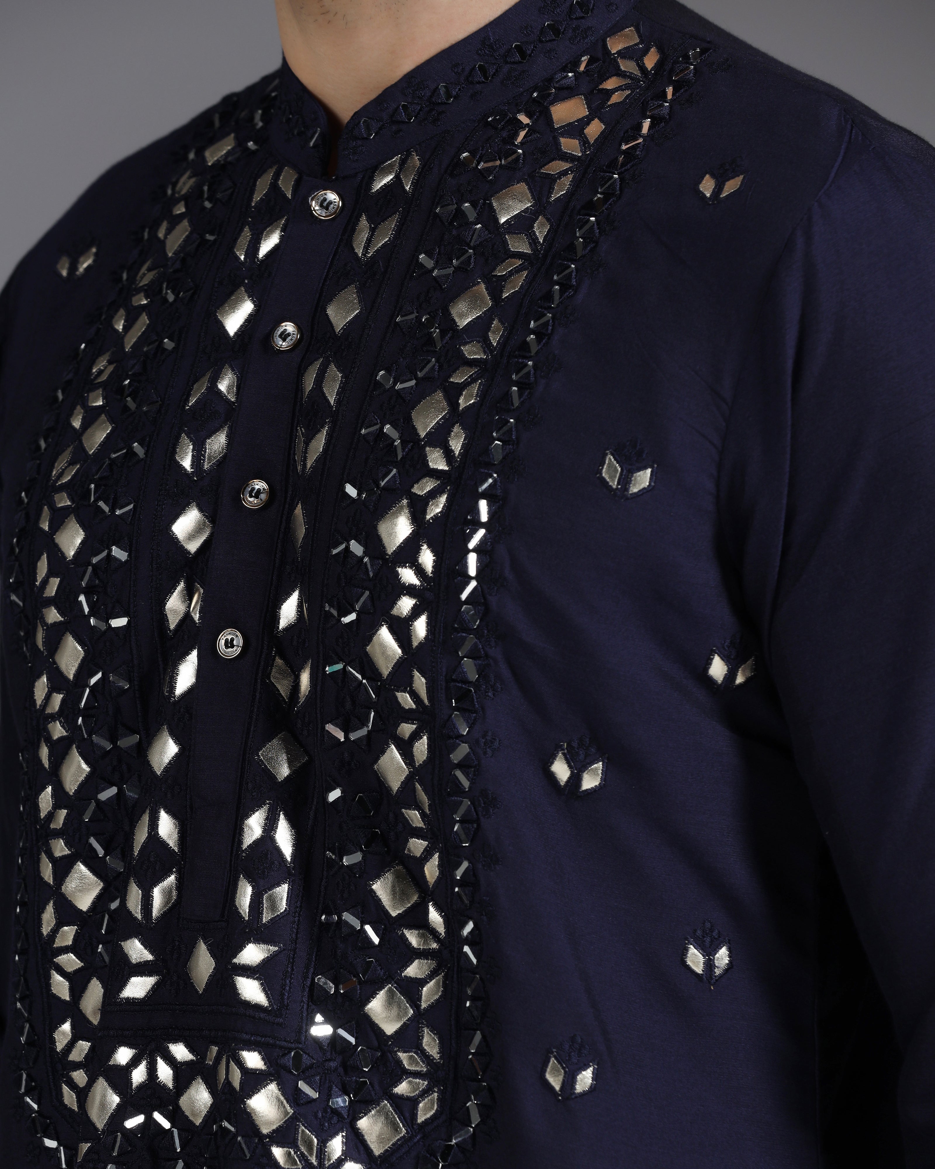 Navy Blue Mirror & Leathrite Embroidered Kurta Set