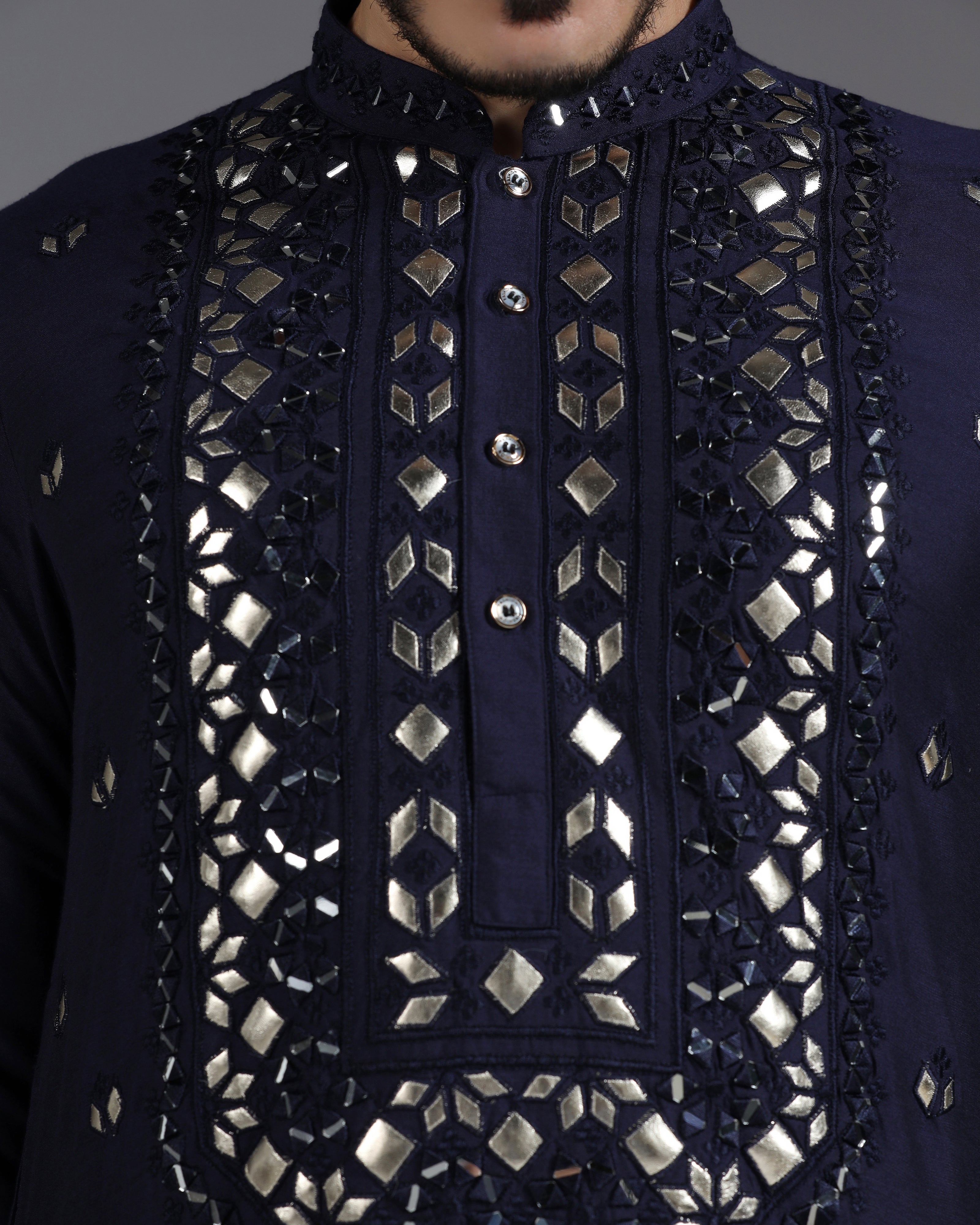 Navy Blue Mirror & Leathrite Embroidered Kurta Set