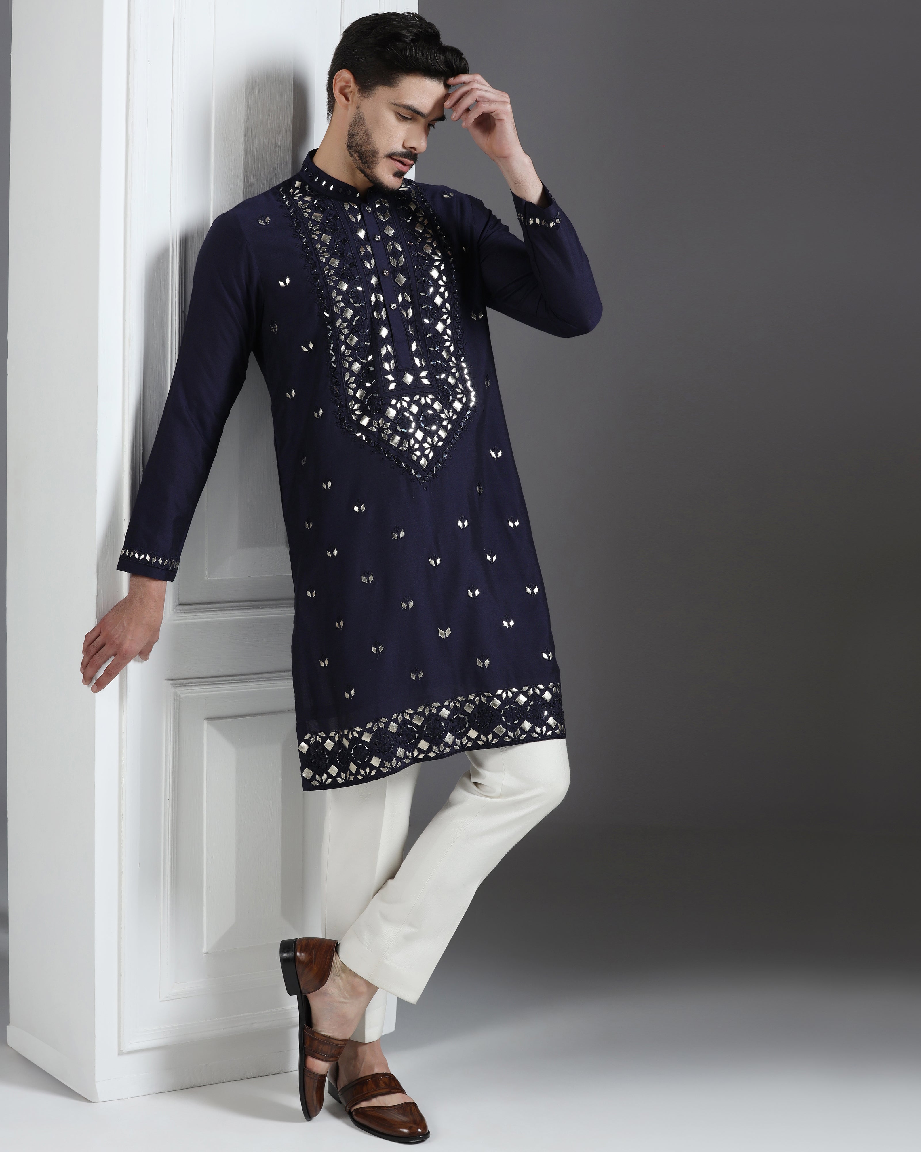 Navy Blue Mirror & Leathrite Embroidered Kurta Set