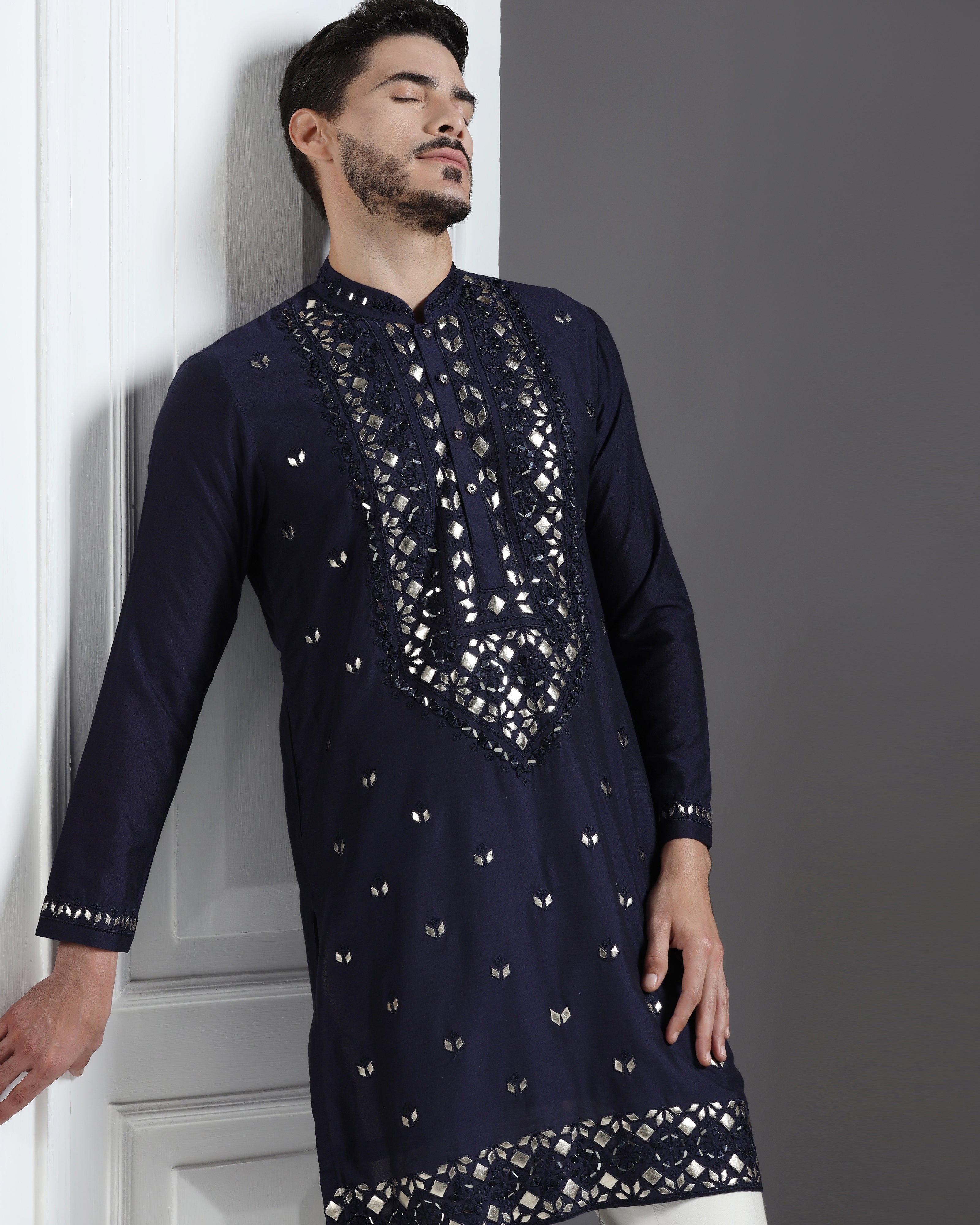 Navy Blue Mirror & Leathrite Embroidered Kurta Set