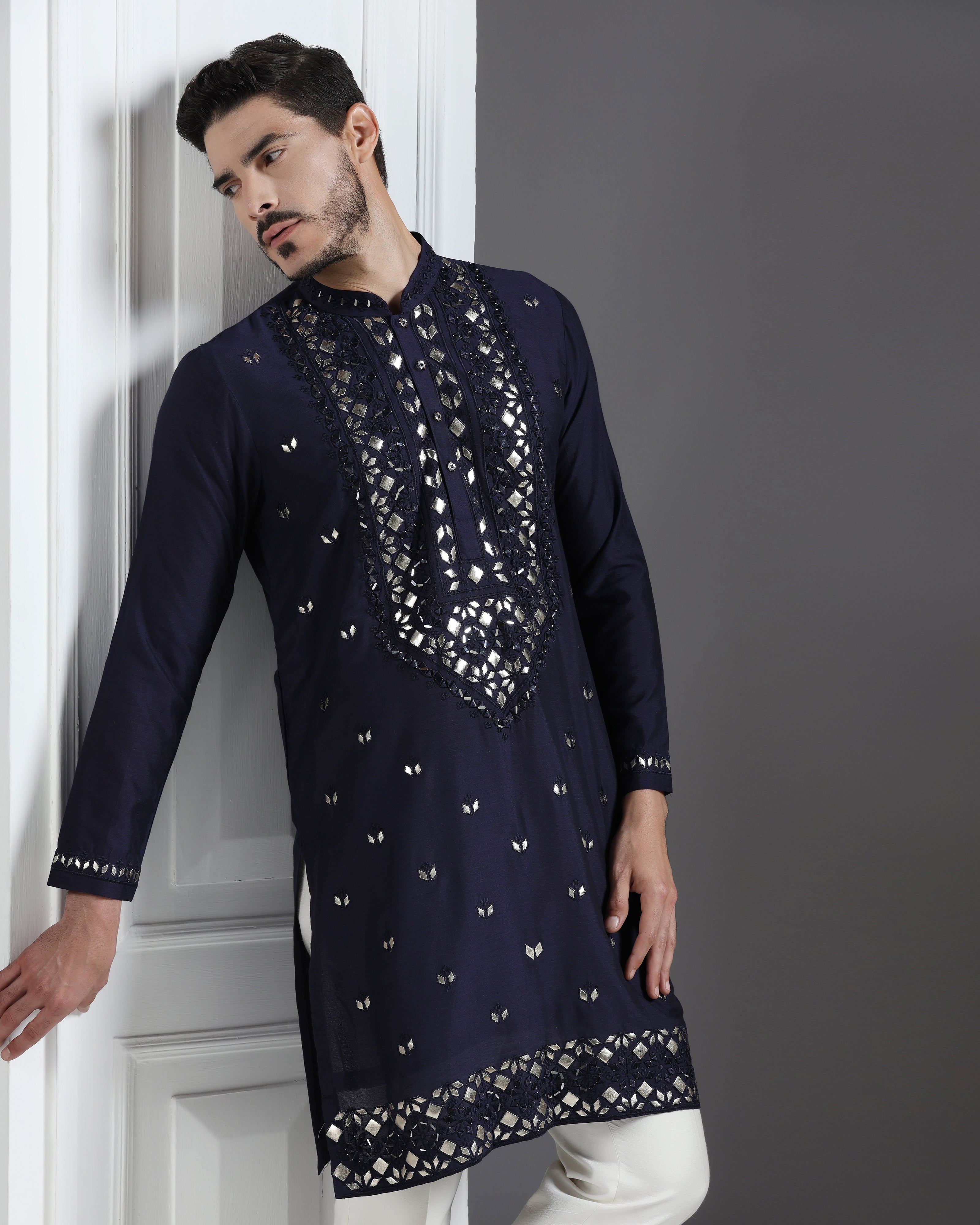 Navy Blue Mirror & Leathrite Embroidered Kurta Set