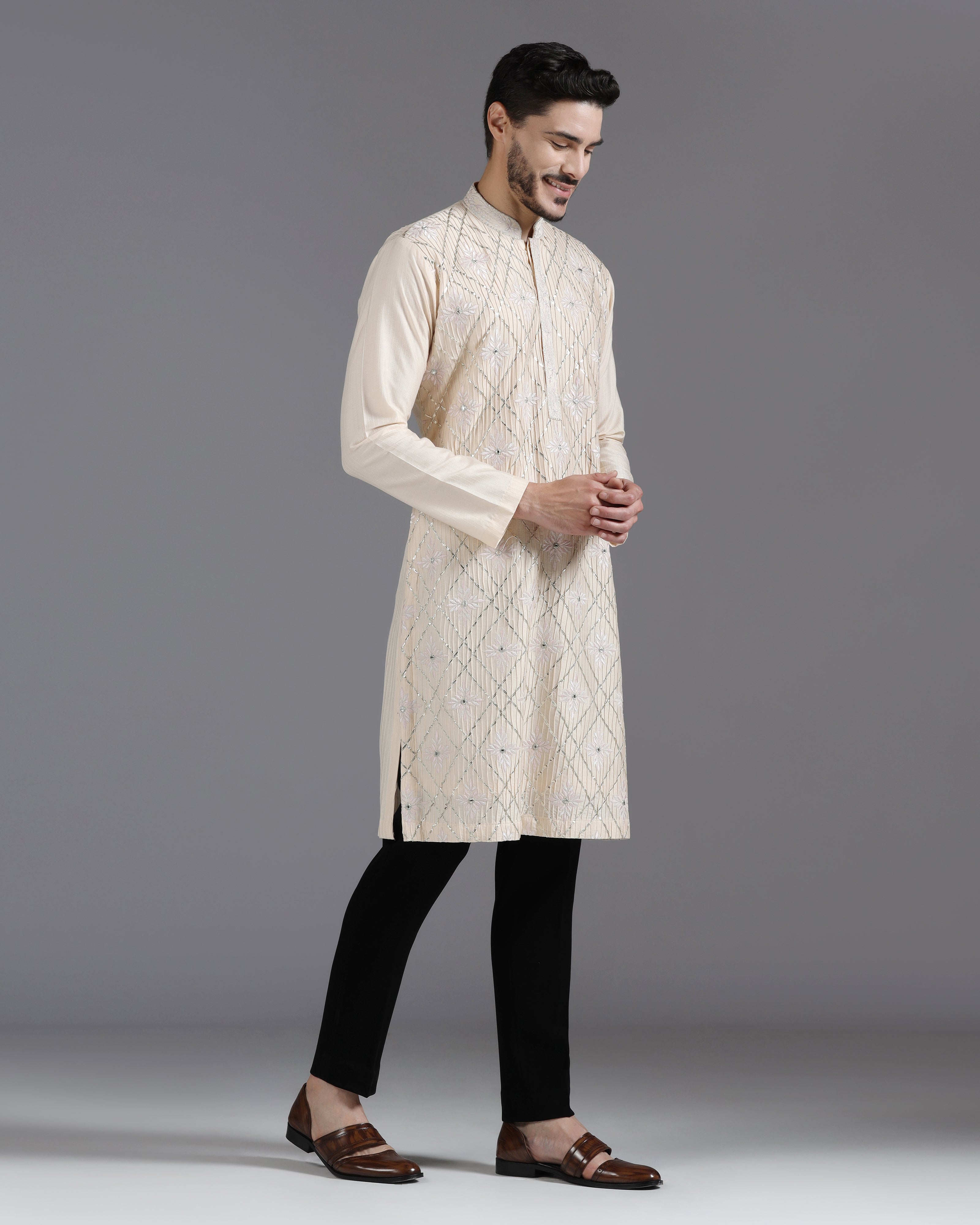Beige Kurta Set with Gota, Mirror & Thread Embroidery