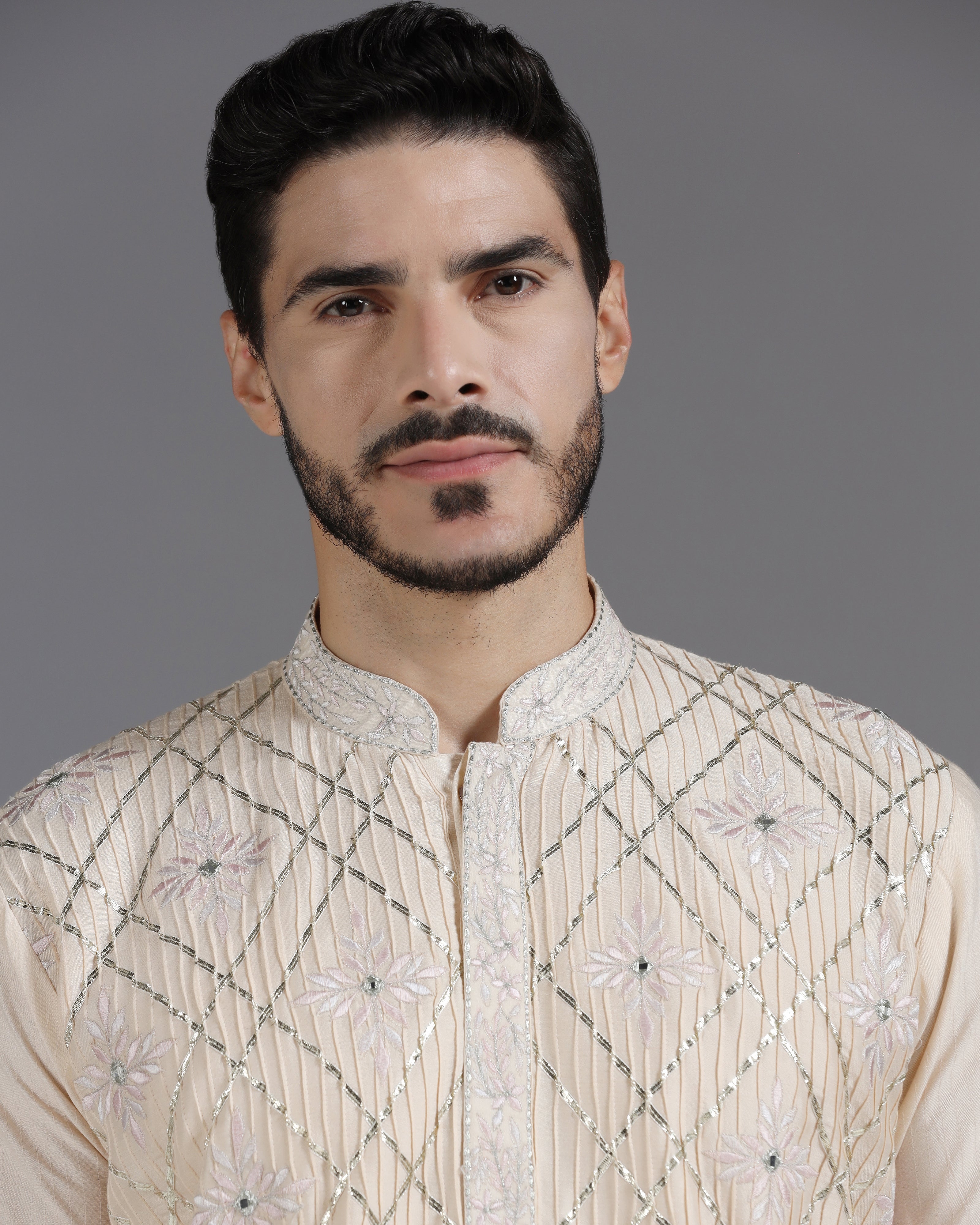 Beige Kurta Set with Gota, Mirror & Thread Embroidery