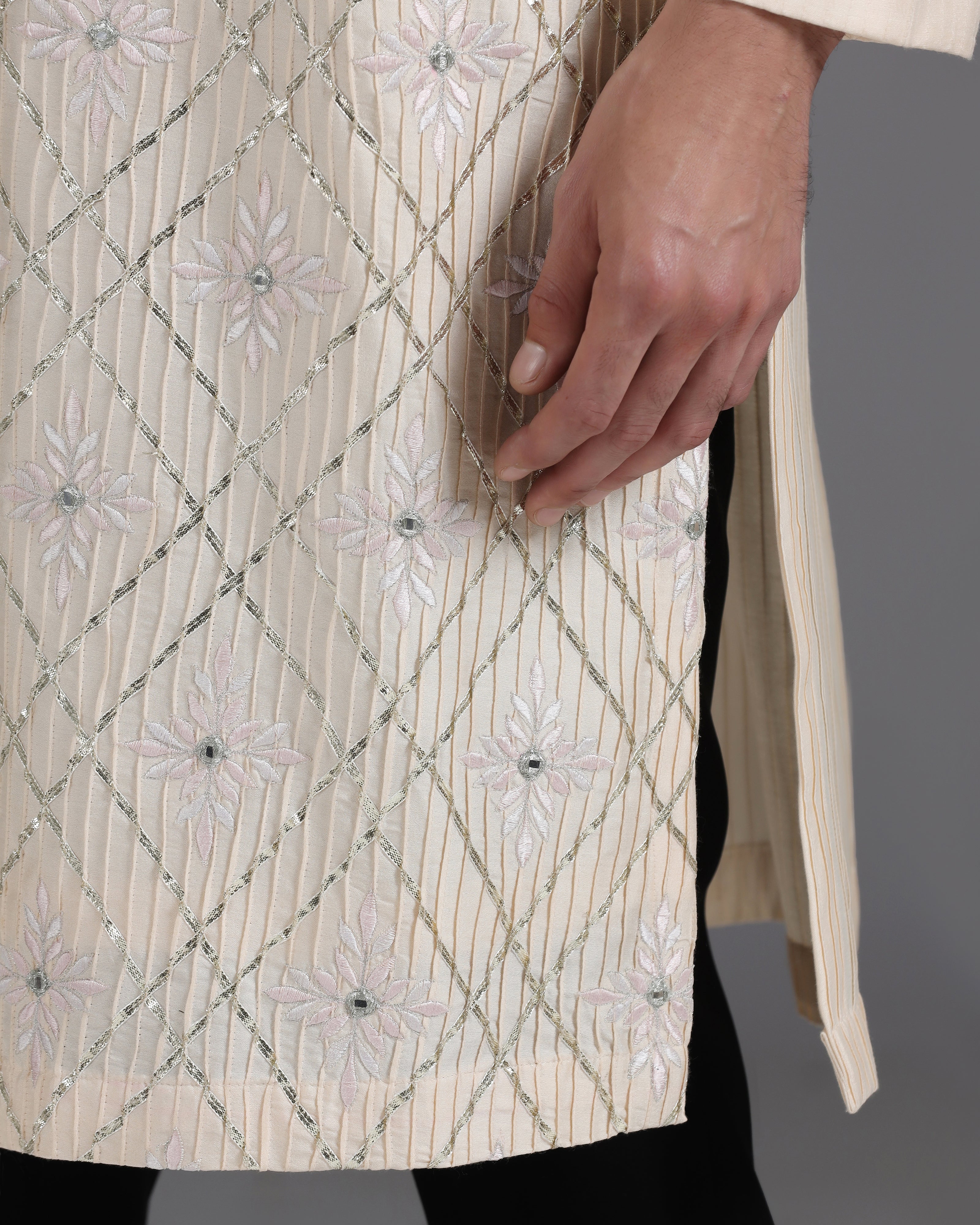 Beige Kurta Set with Gota, Mirror & Thread Embroidery