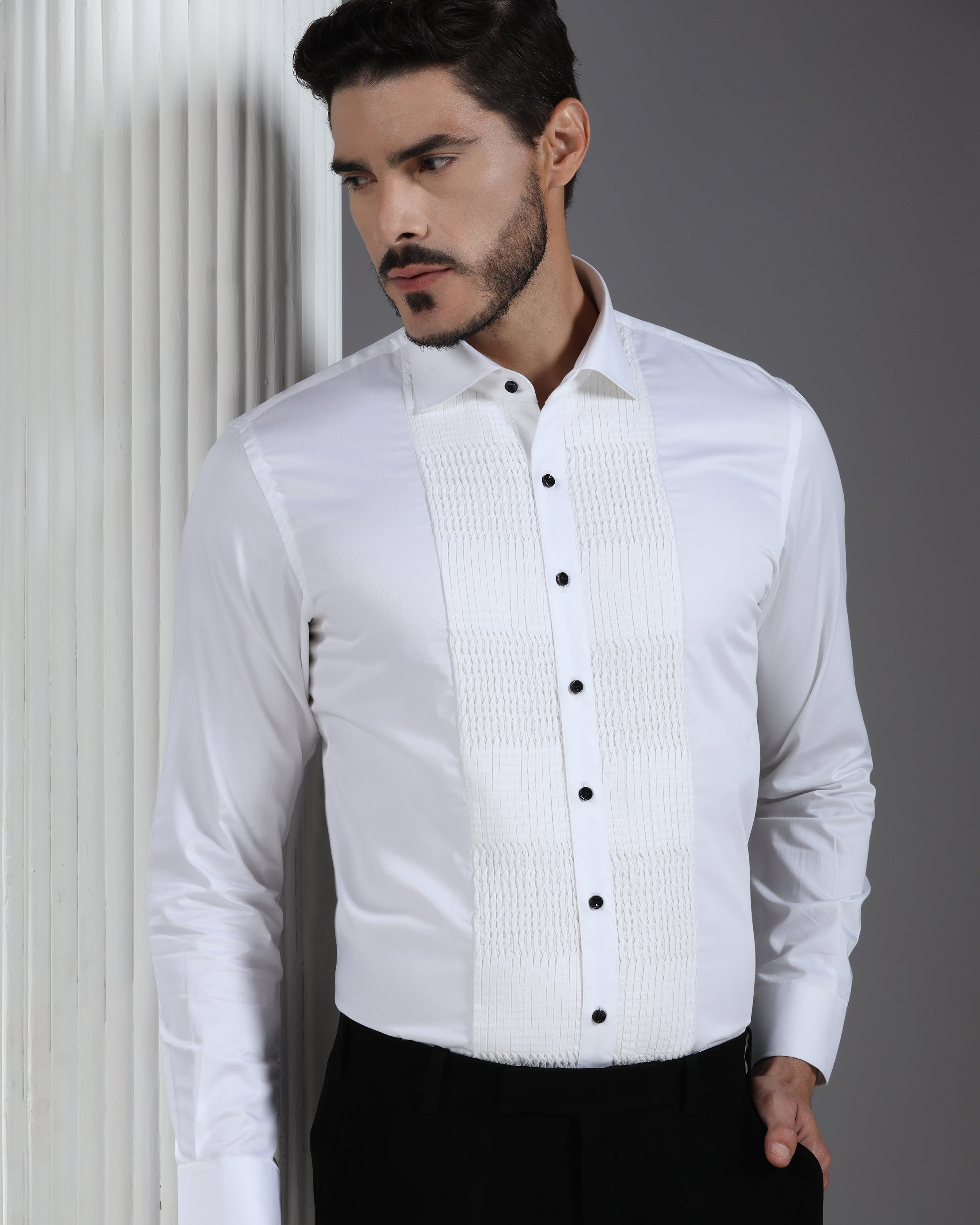 White Cotton Shirt with Structured Pleated Grid Panel and Black Button Detail