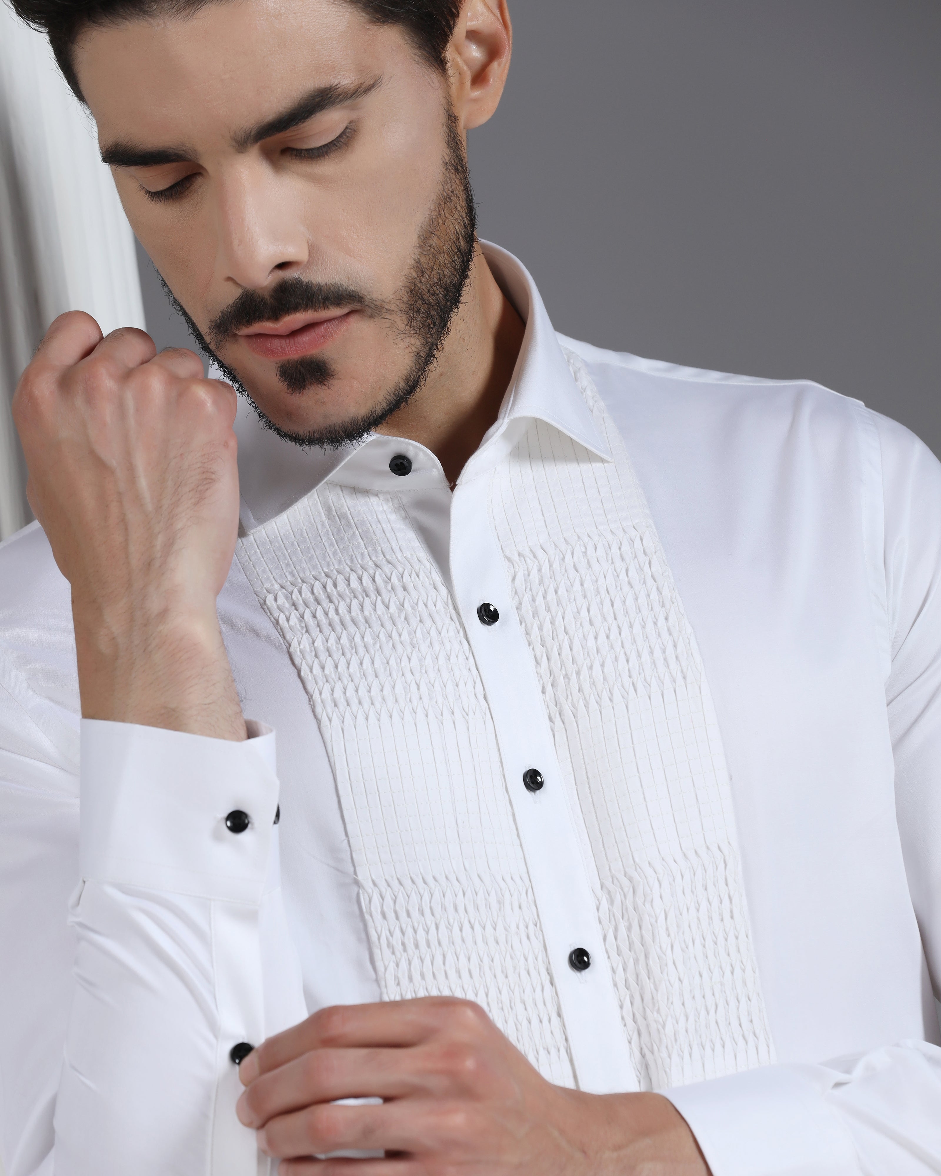 White Cotton Shirt with Structured Pleated Grid Panel and Black Button Detail