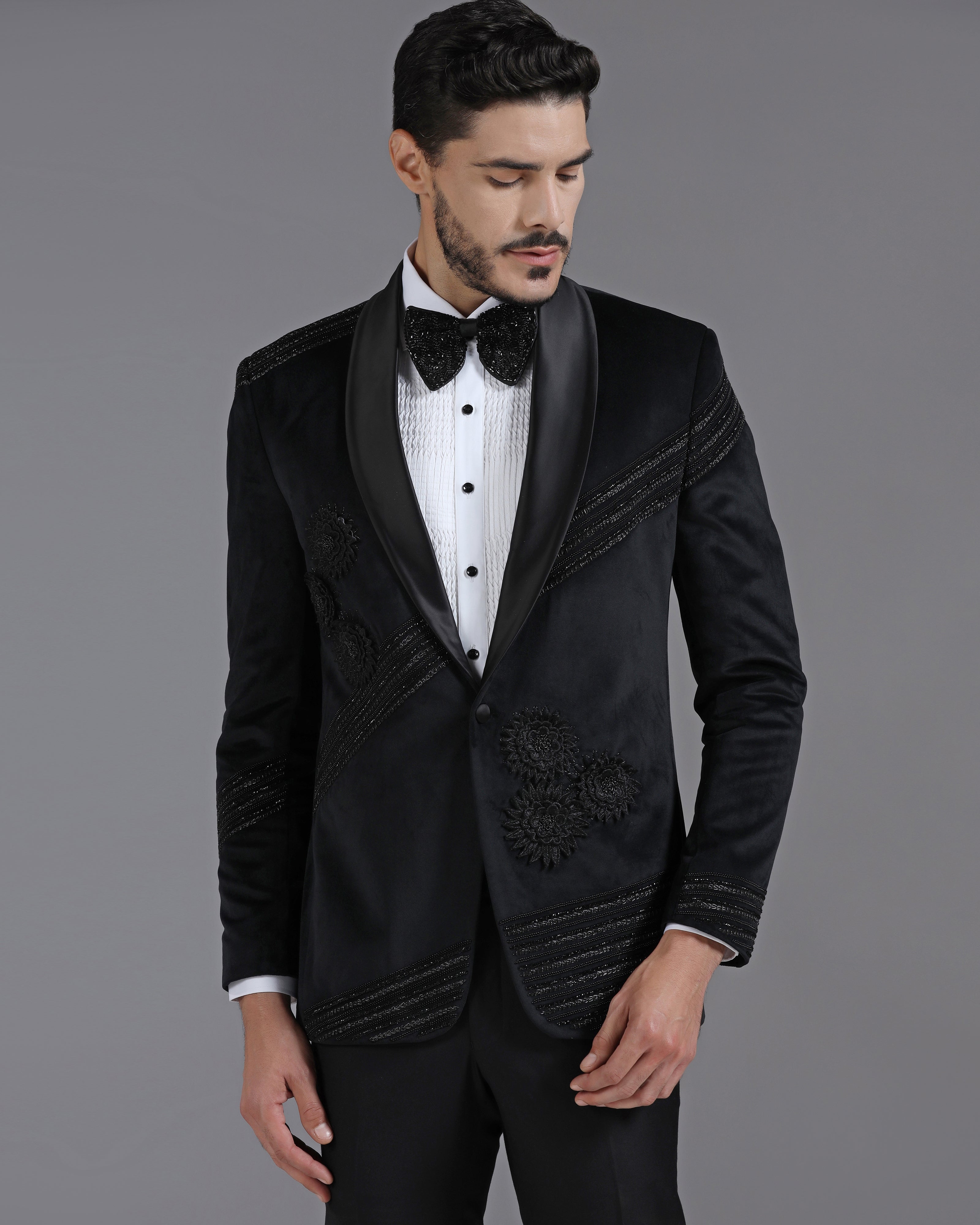 Velvet Black Tuxedo with 3D Flower Embroidery