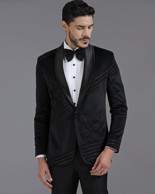 Velvet Black Tuxedo with 3D Flower Embroidery