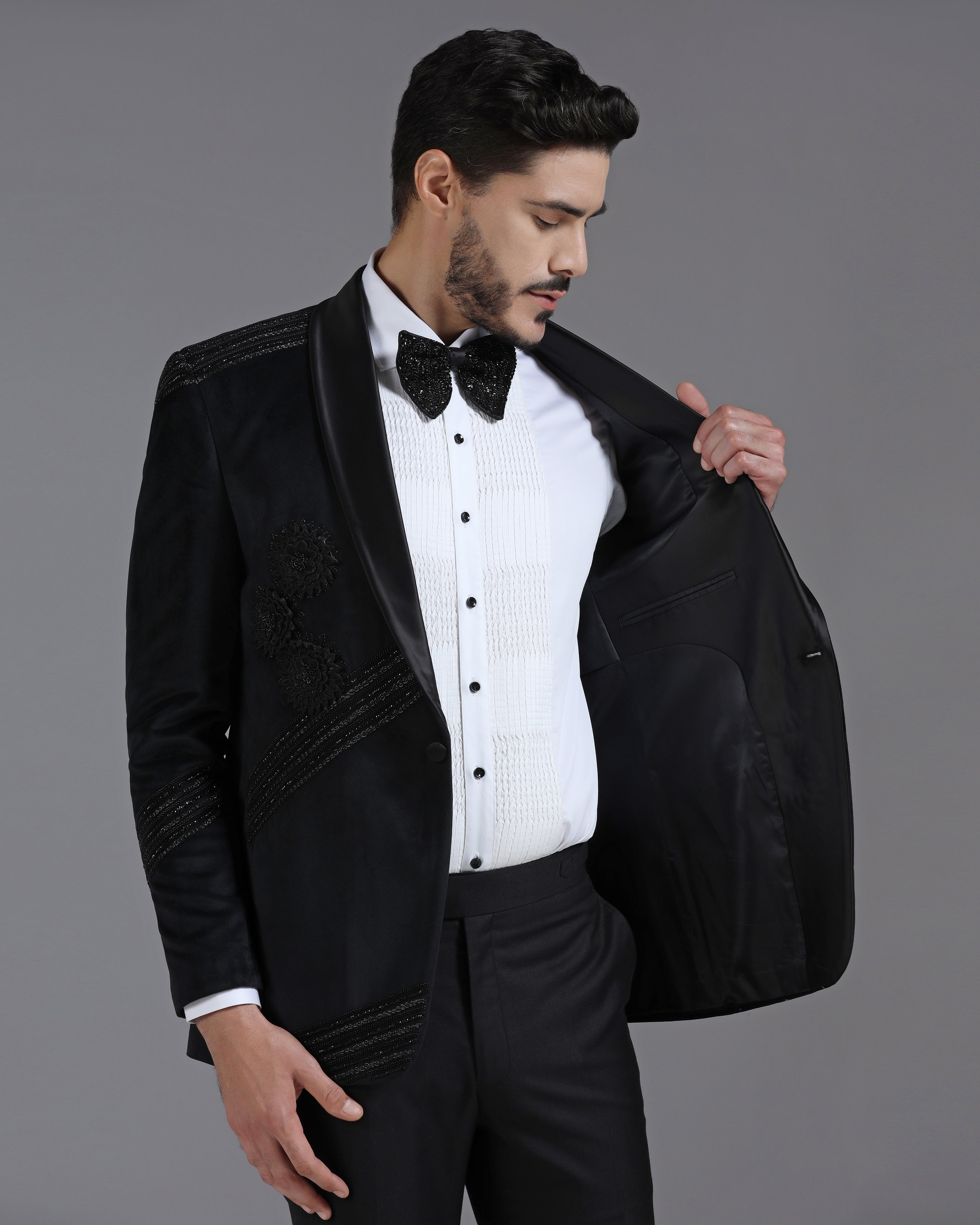 Velvet Black Tuxedo with 3D Flower Embroidery