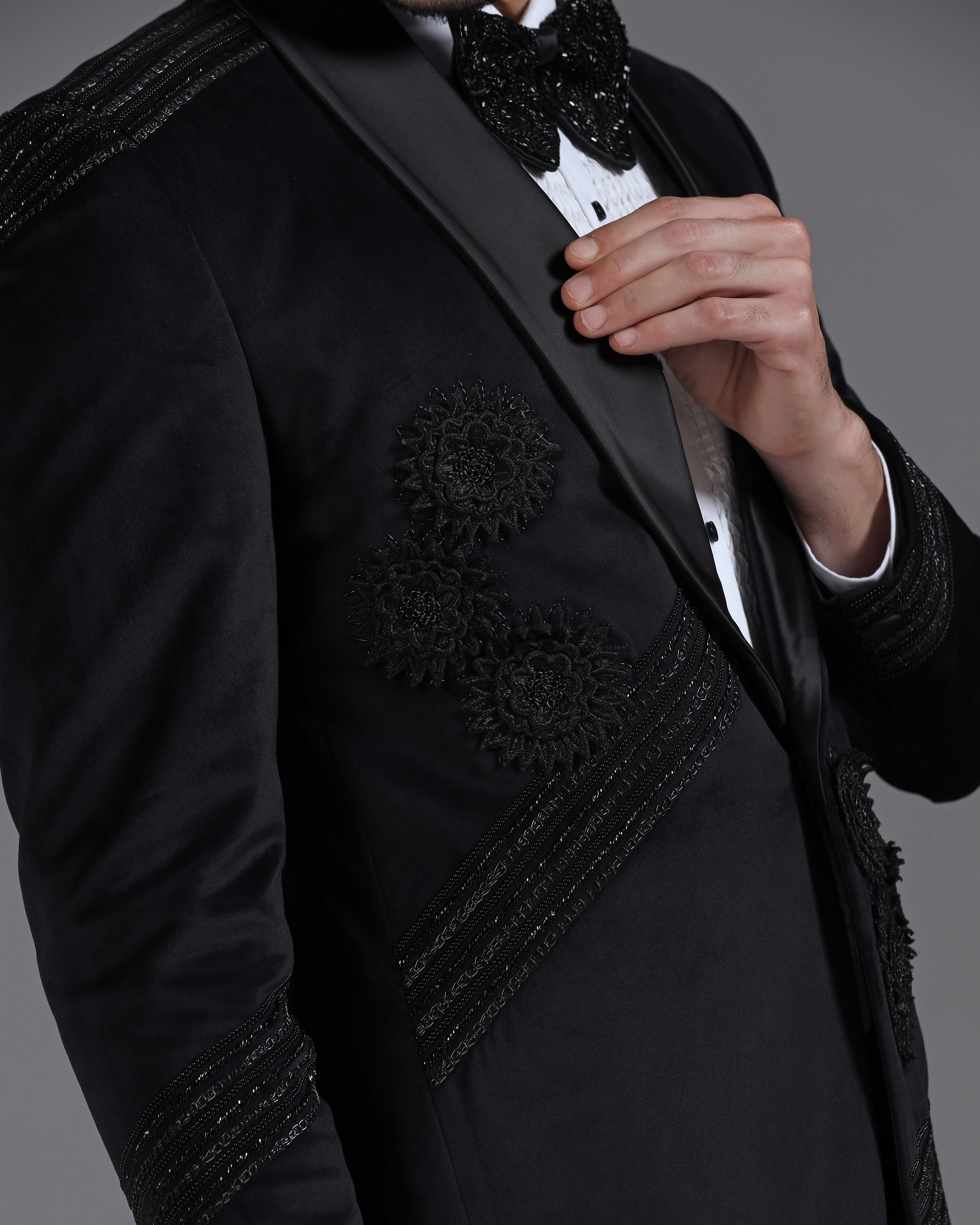 Velvet Black Tuxedo with 3D Flower Embroidery