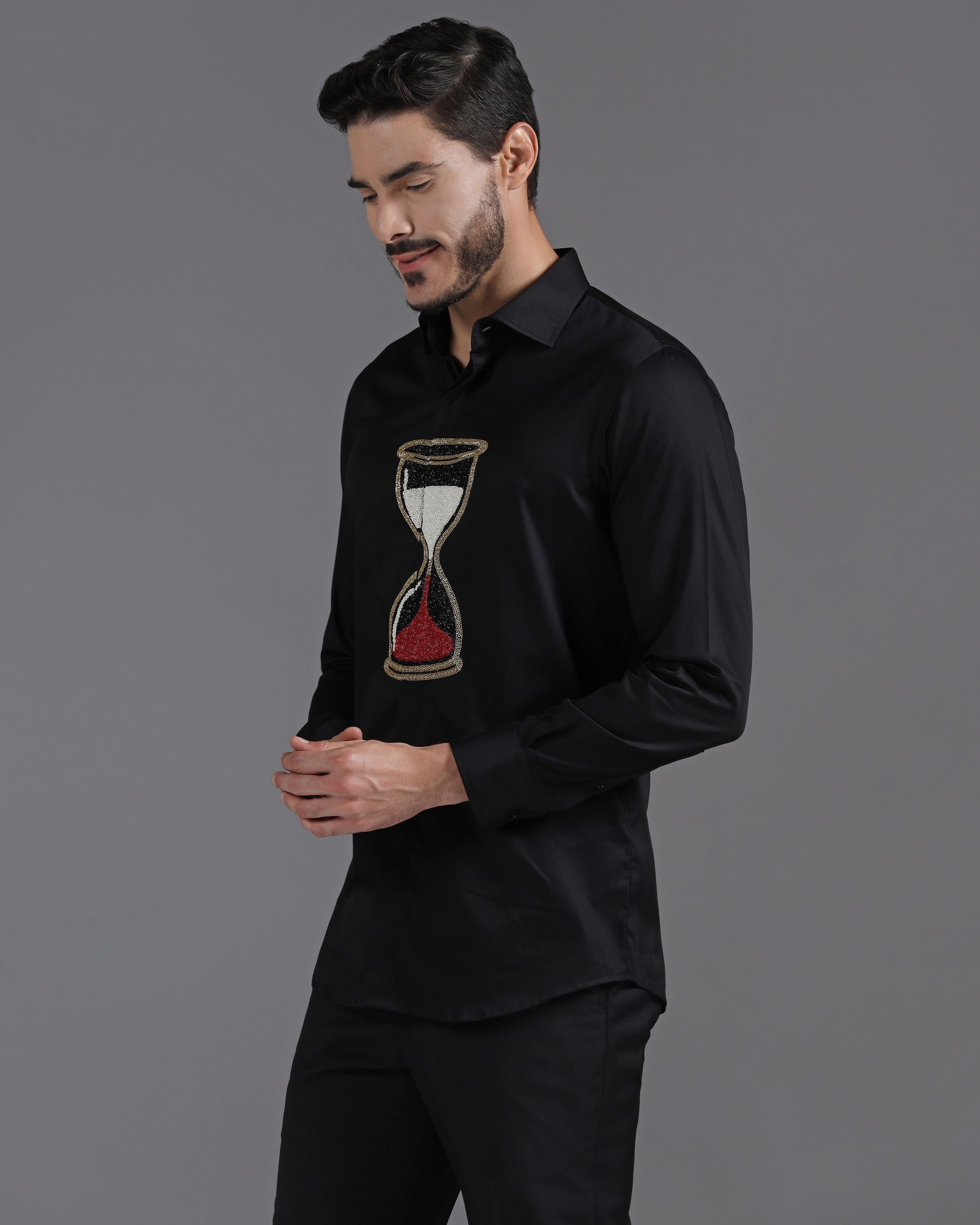Black Cotton Shirt with Handcrafted Hourglass Embroidery