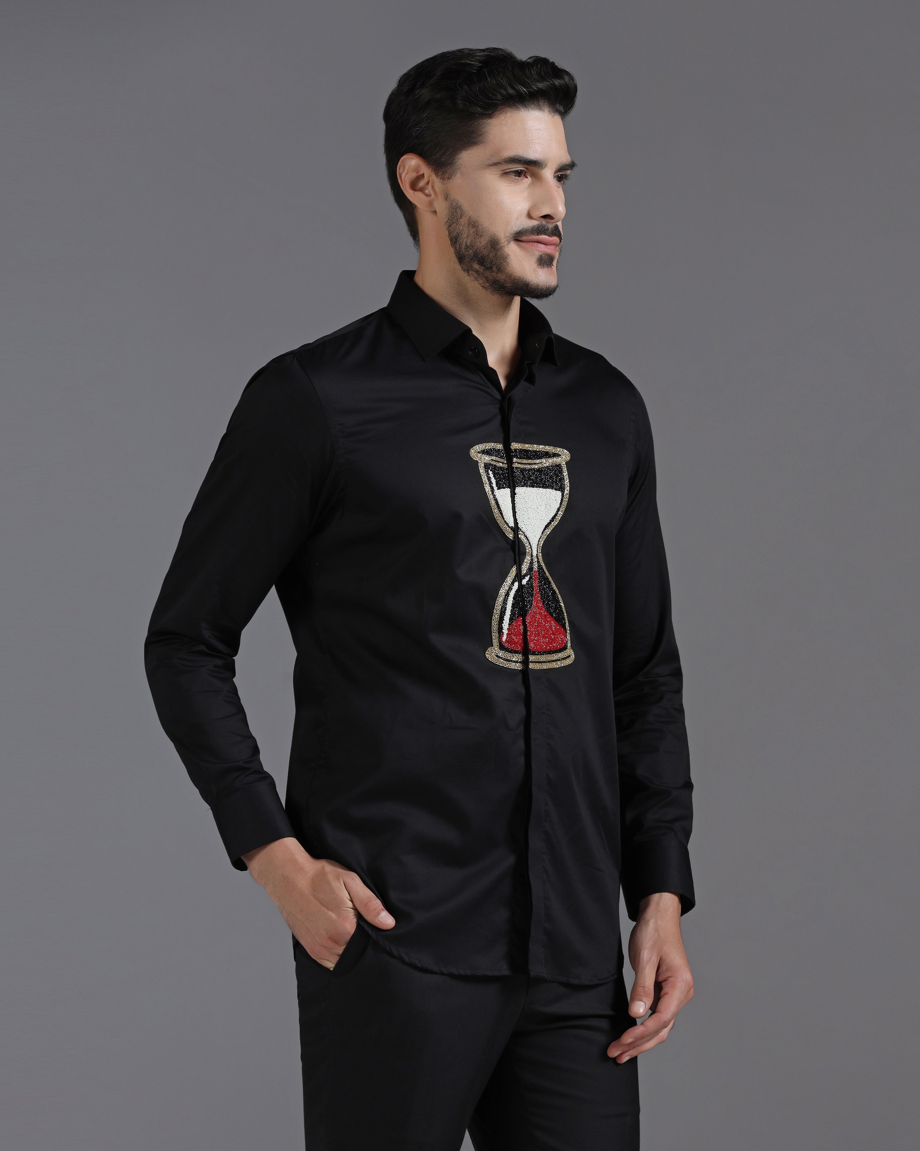 Black Cotton Shirt with Handcrafted Hourglass Embroidery