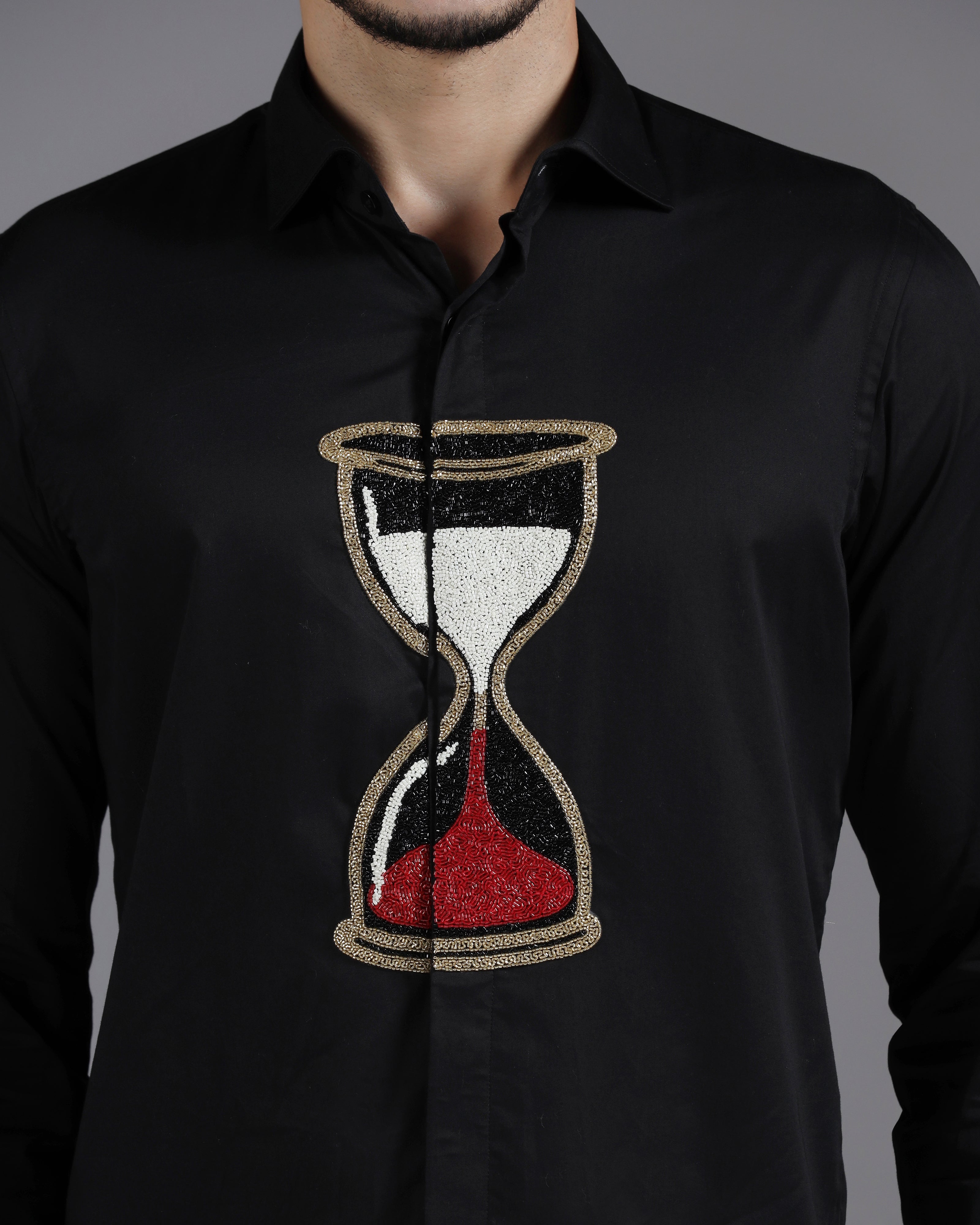 Black Cotton Shirt with Handcrafted Hourglass Embroidery