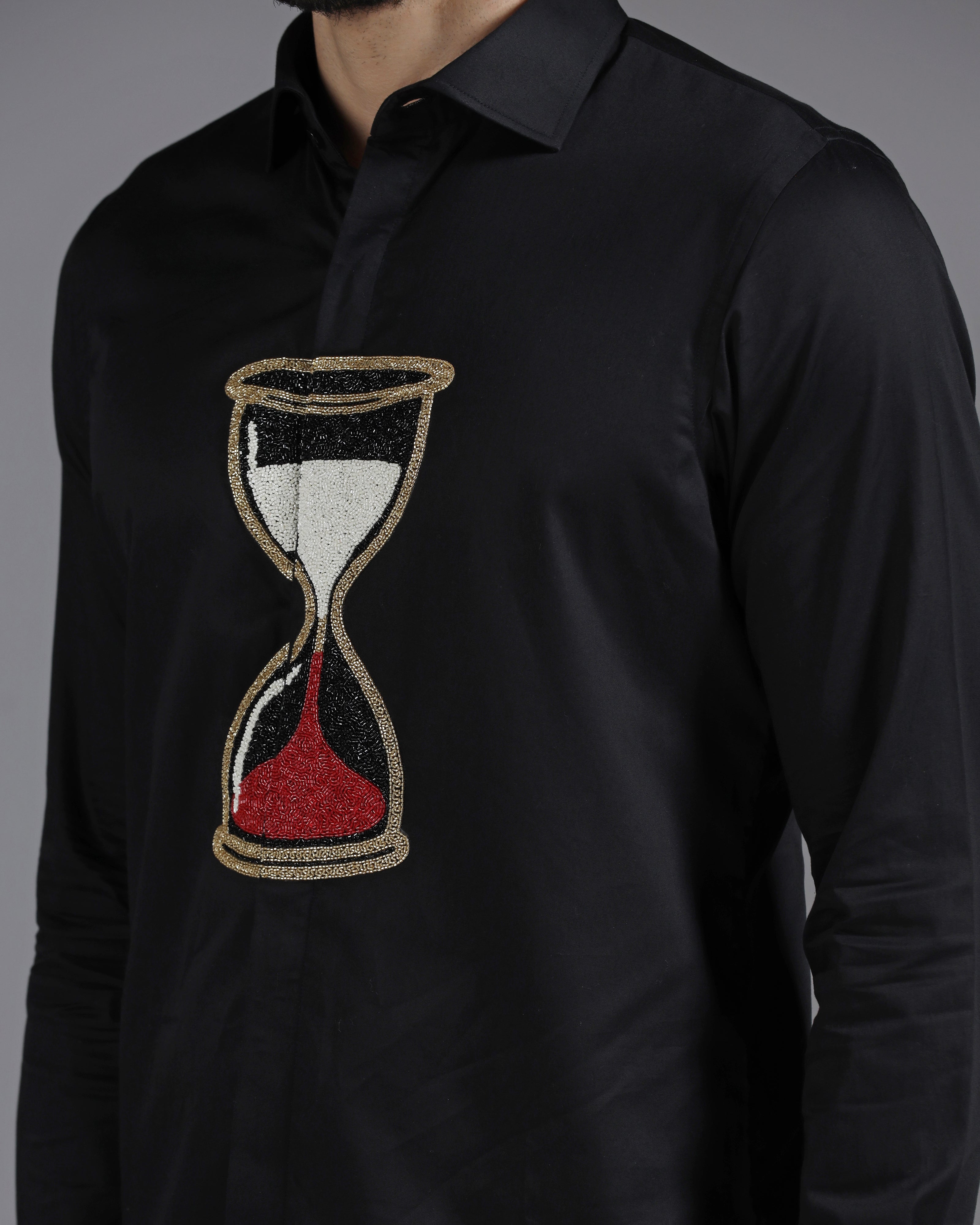 Black Cotton Shirt with Handcrafted Hourglass Embroidery