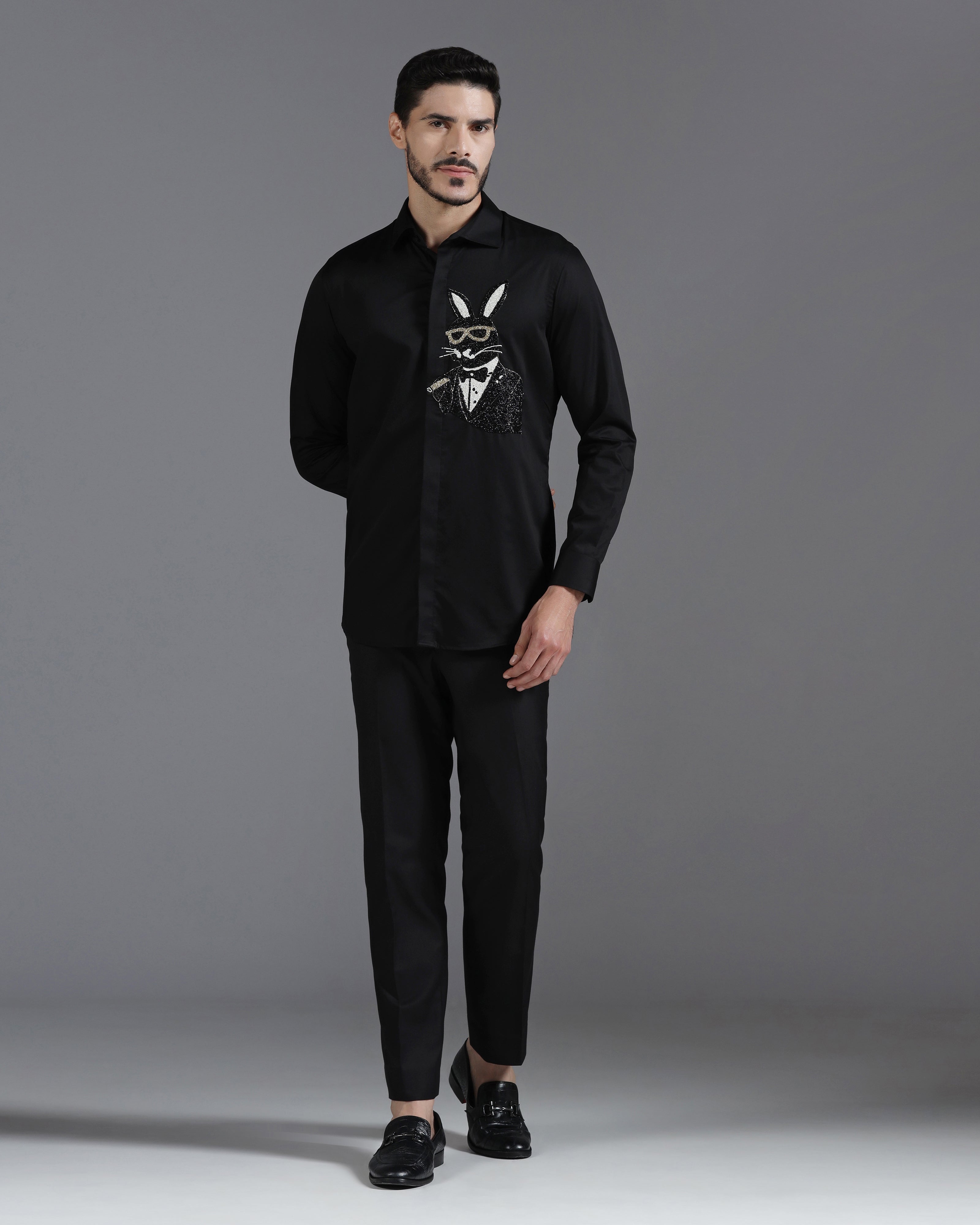 Black Cotton Shirt with Hand-Embroidered Bunny in Tuxedo