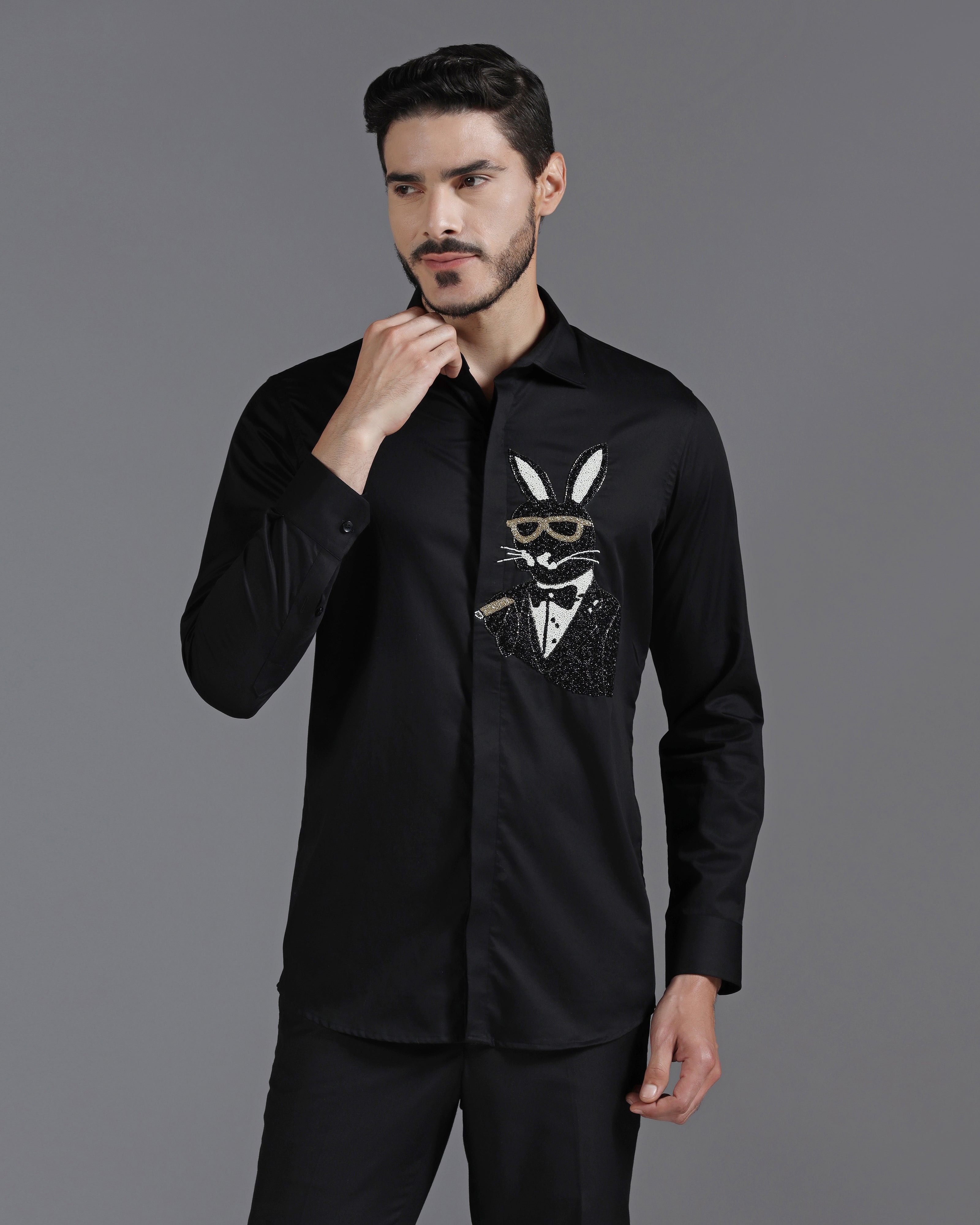 Black Cotton Shirt with Hand-Embroidered Bunny in Tuxedo