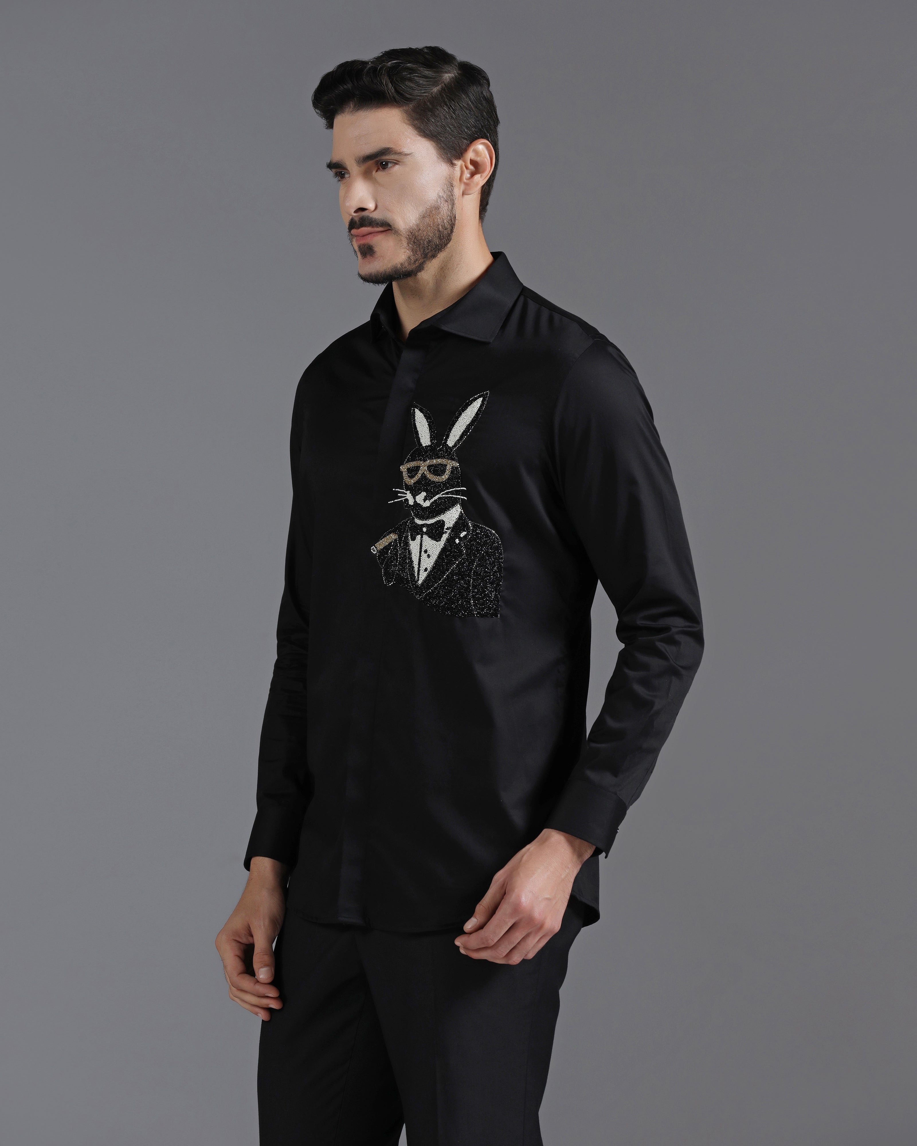 Black Cotton Shirt with Hand-Embroidered Bunny in Tuxedo