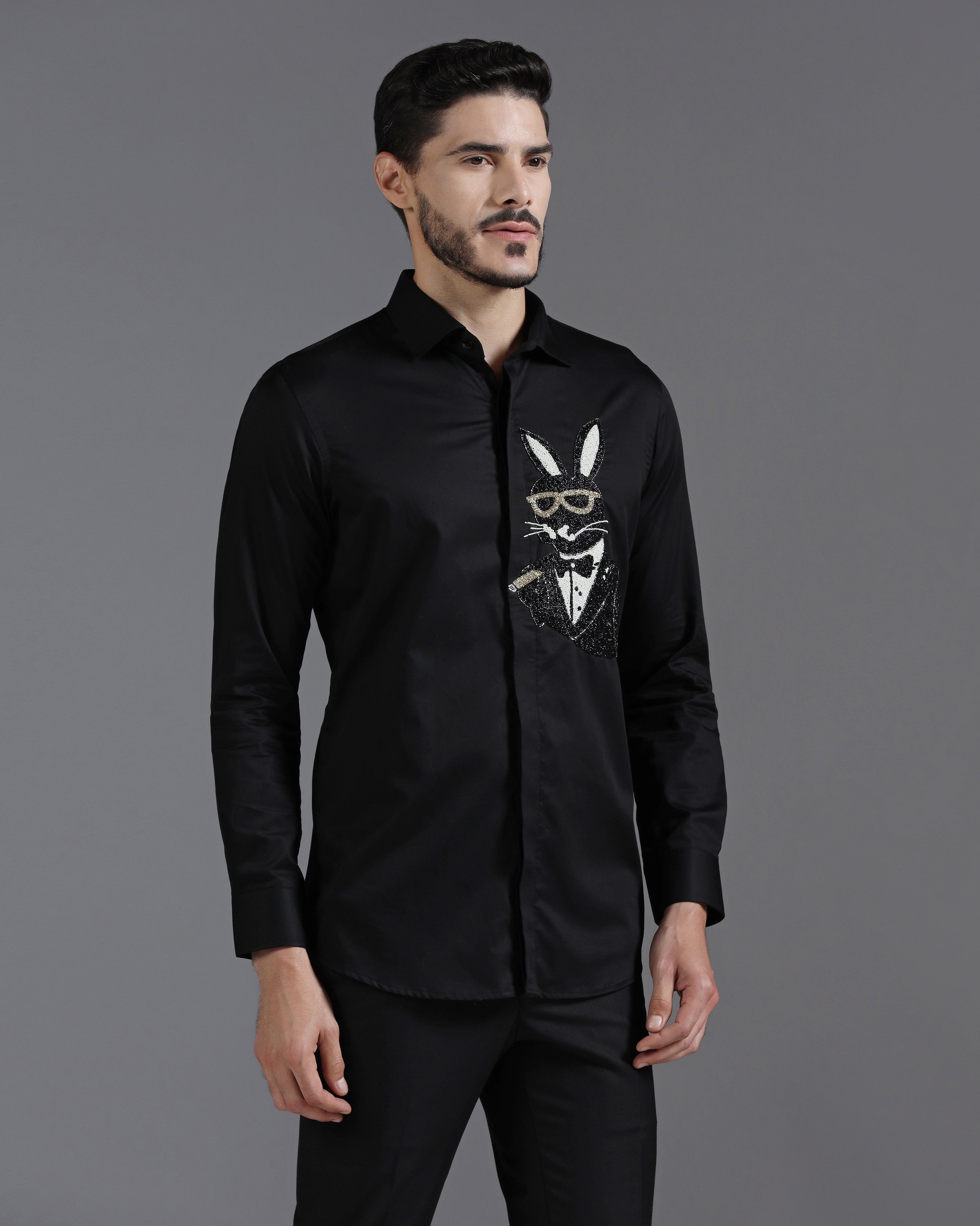 Black Cotton Shirt with Hand-Embroidered Bunny in Tuxedo