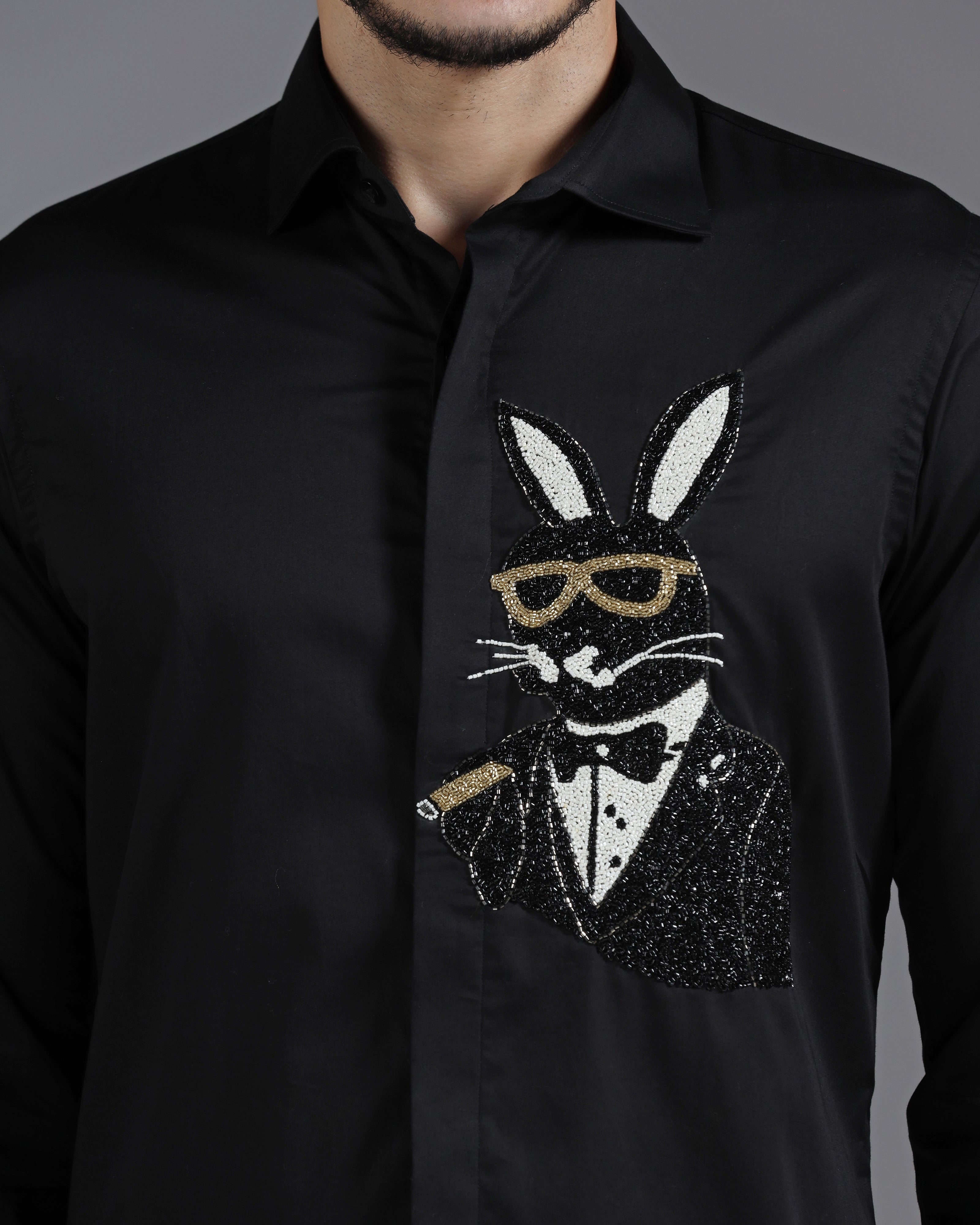 Black Cotton Shirt with Hand-Embroidered Bunny in Tuxedo
