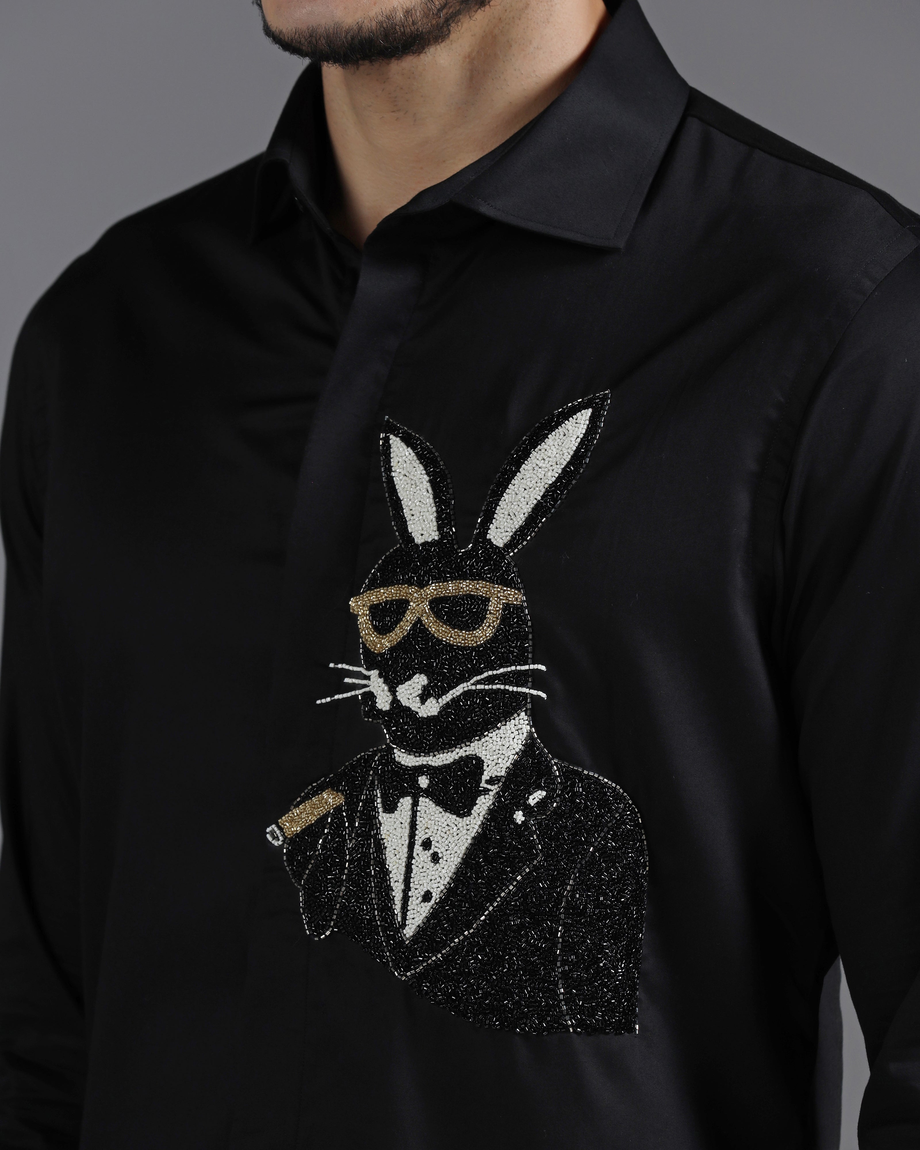 Black Cotton Shirt with Hand-Embroidered Bunny in Tuxedo