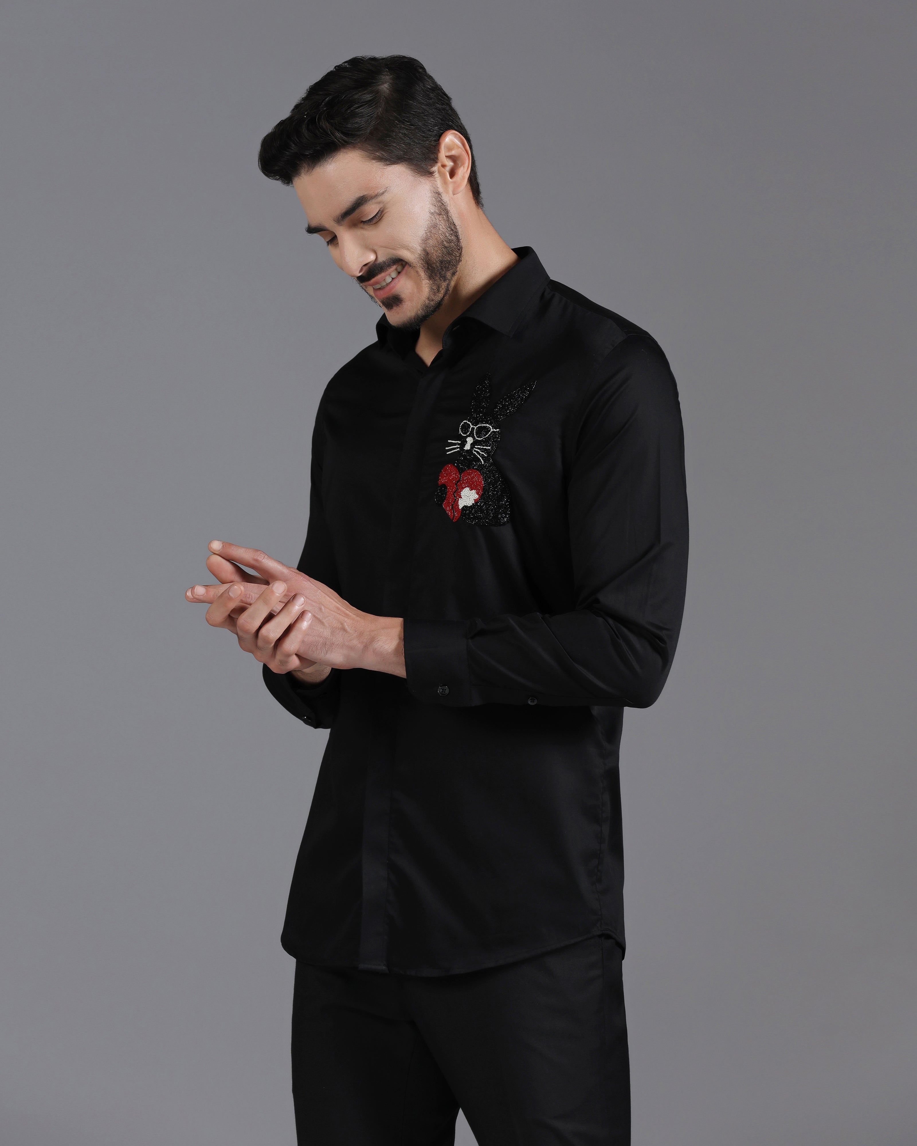 Black Cotton Shirt with Hand-Embroidered Heartbreak Bunny Design