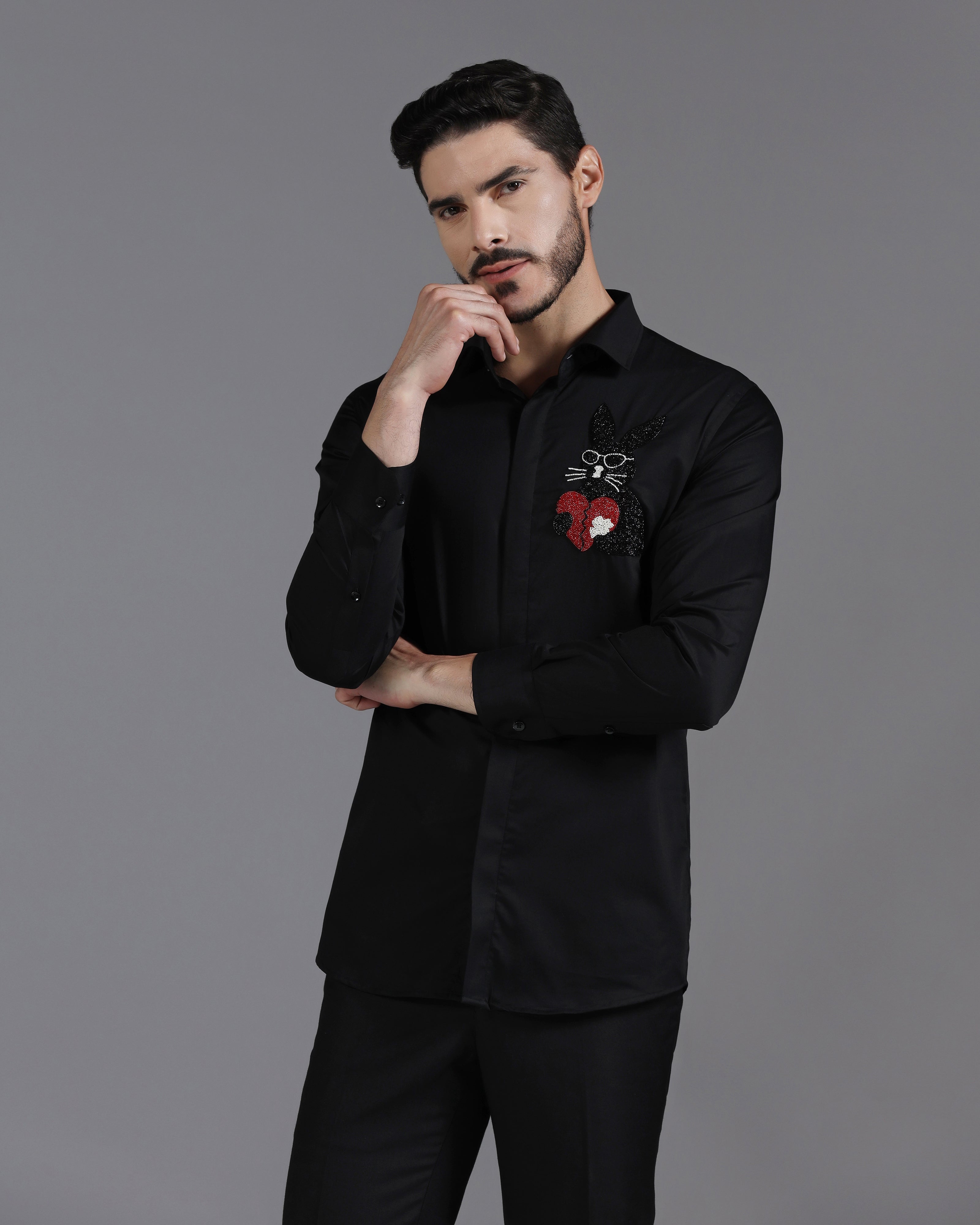 Black Cotton Shirt with Hand-Embroidered Heartbreak Bunny Design
