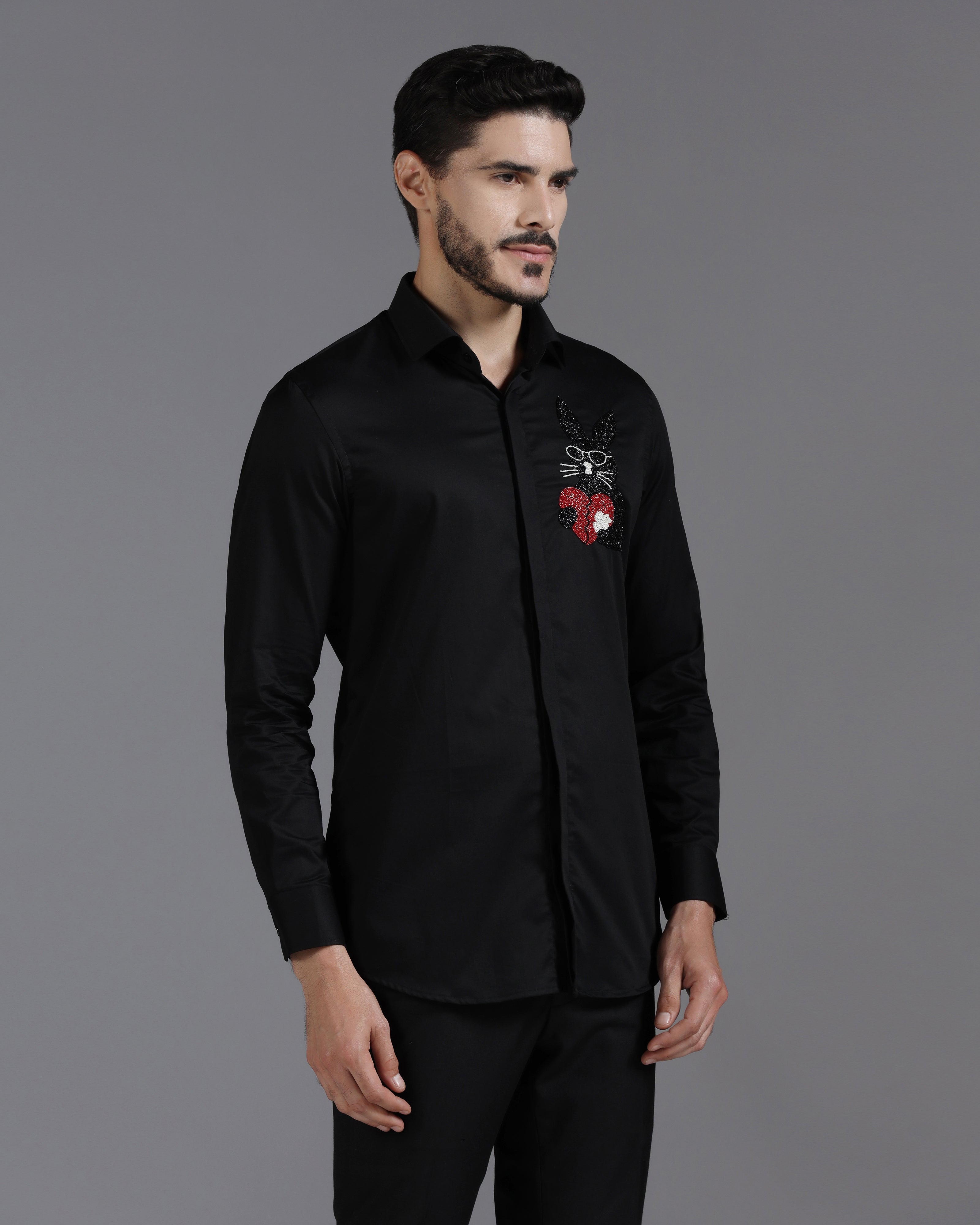 Black Cotton Shirt with Hand-Embroidered Heartbreak Bunny Design