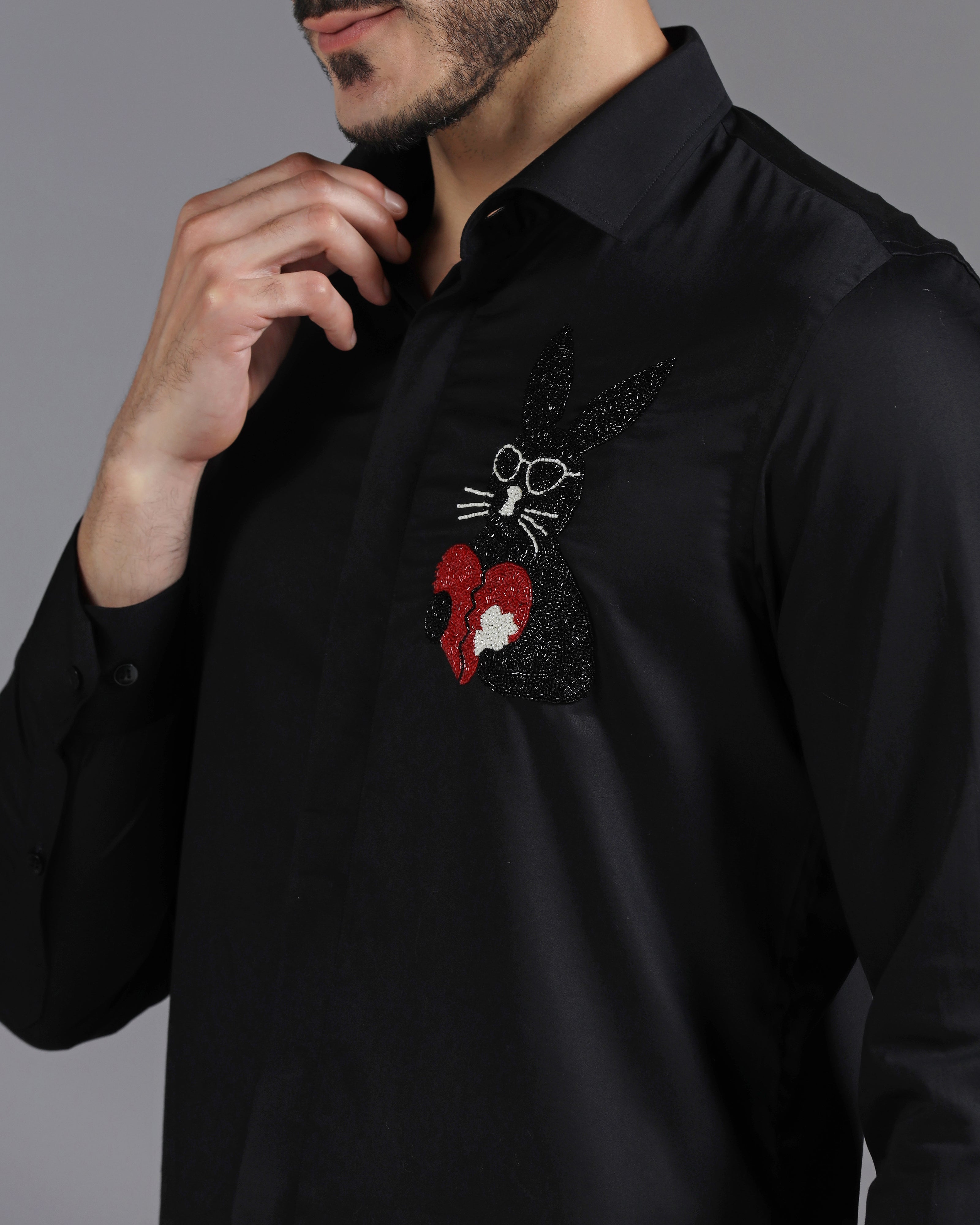 Black Cotton Shirt with Hand-Embroidered Heartbreak Bunny Design