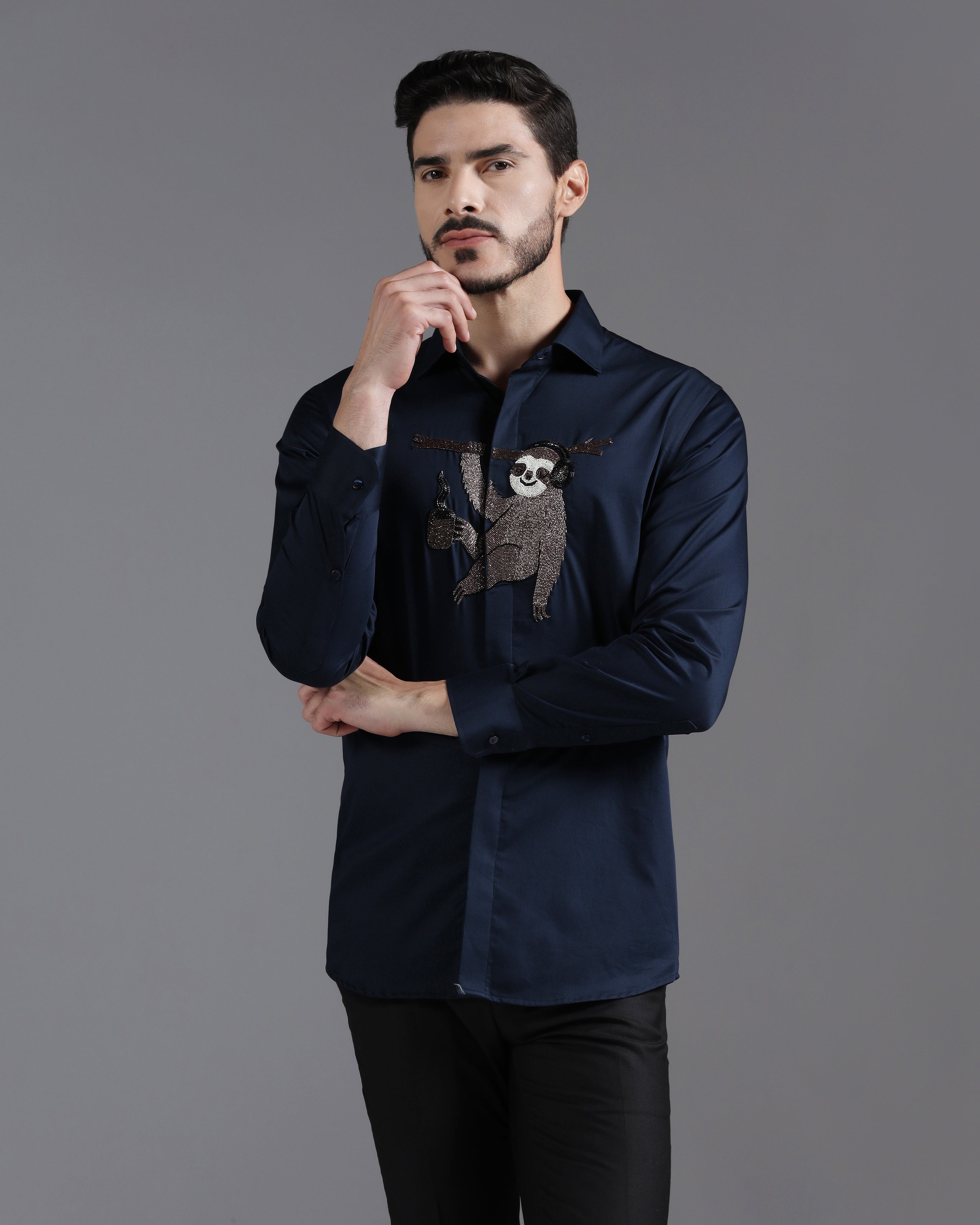Navy Cotton Shirt with Hand-Embroidered Sloth Motif