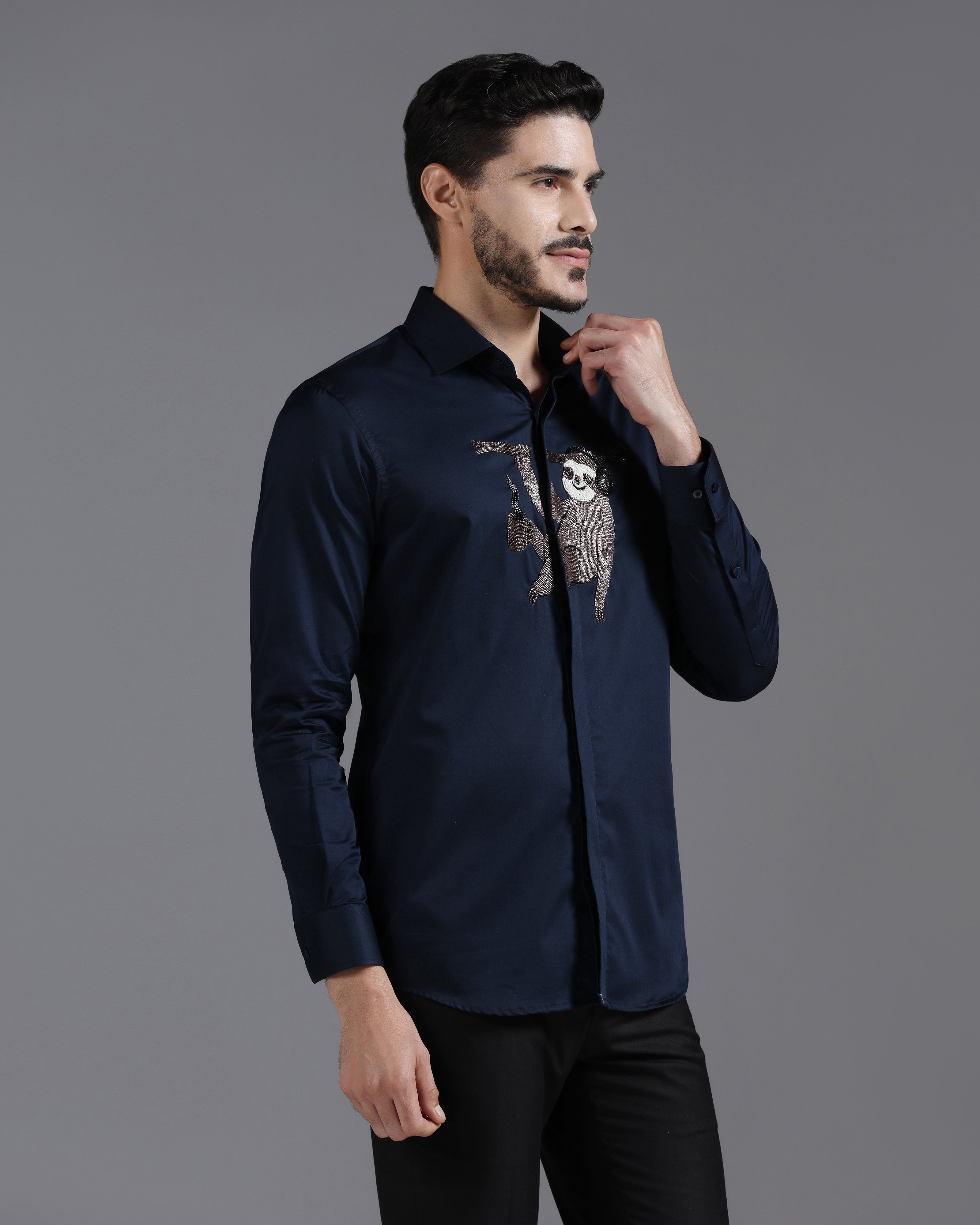 Navy Cotton Shirt with Hand-Embroidered Sloth Motif