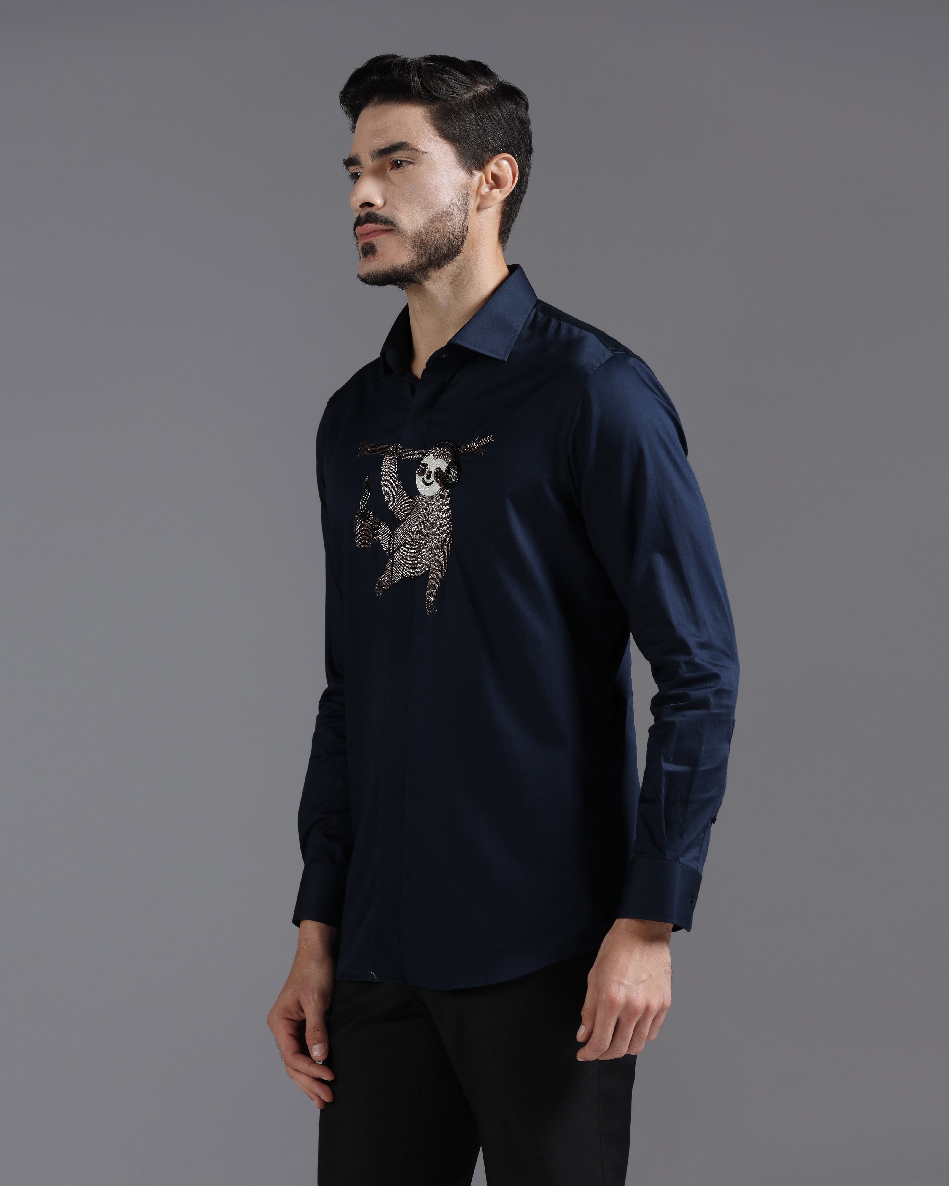 Navy Cotton Shirt with Hand-Embroidered Sloth Motif
