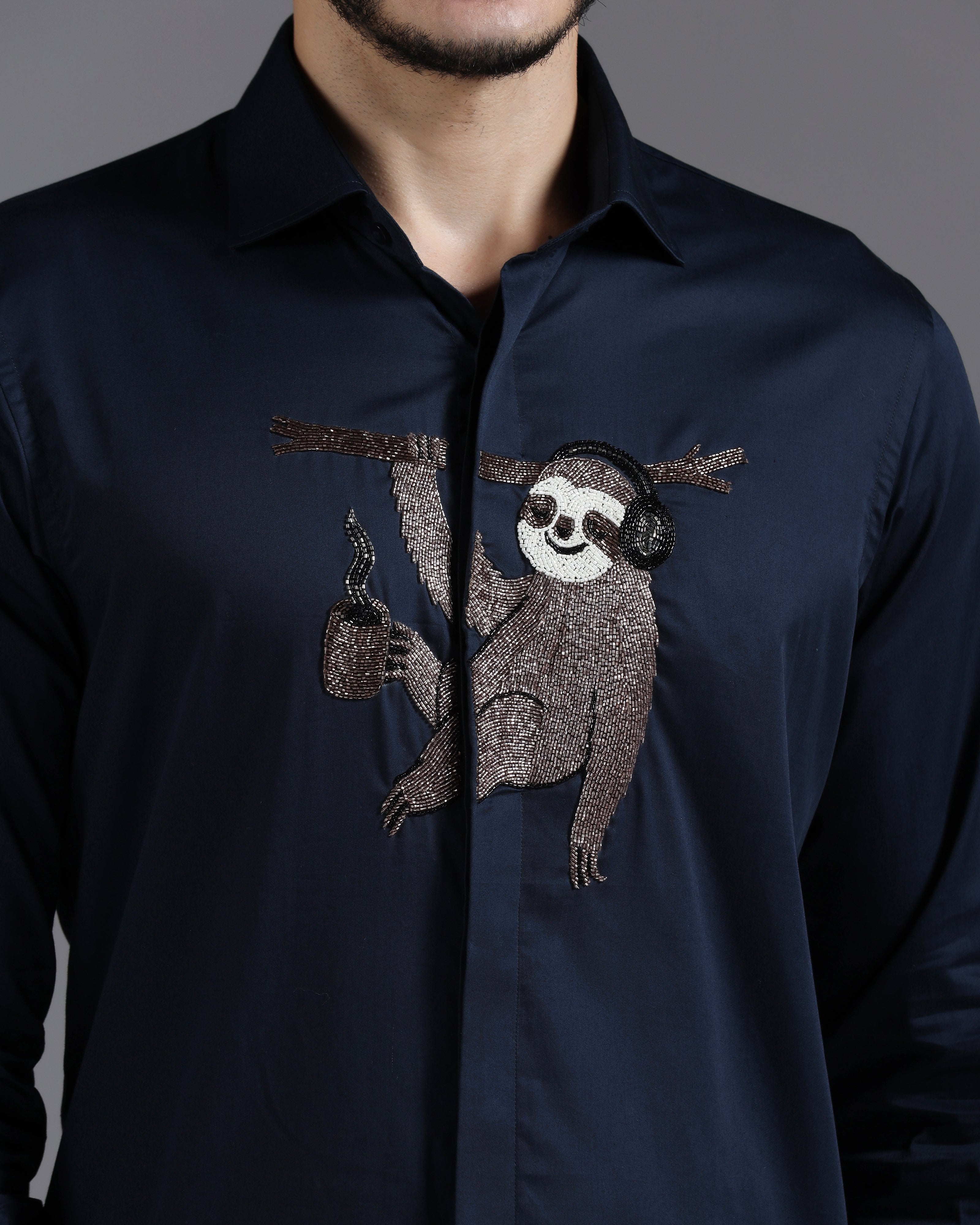 Navy Cotton Shirt with Hand-Embroidered Sloth Motif