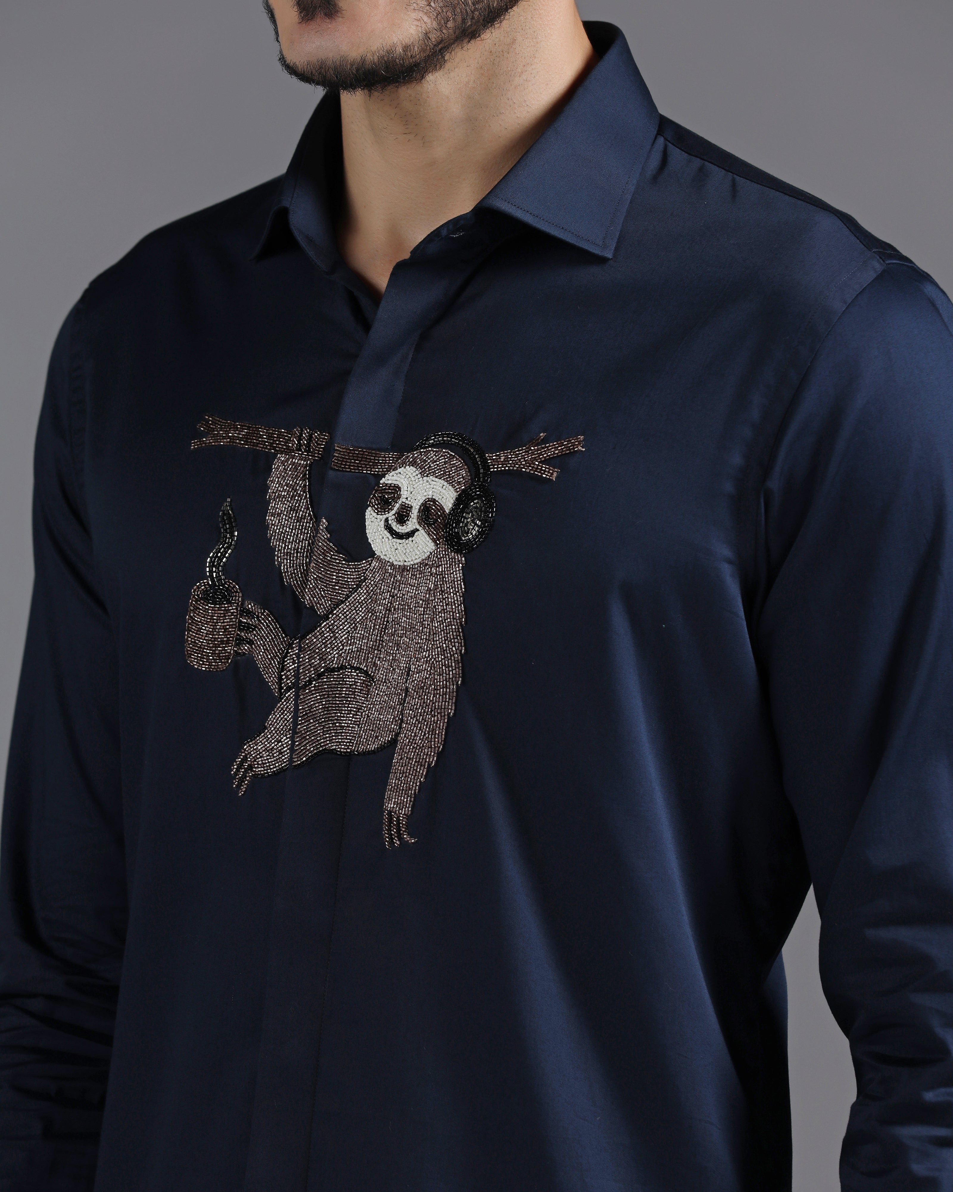 Navy Cotton Shirt with Hand-Embroidered Sloth Motif