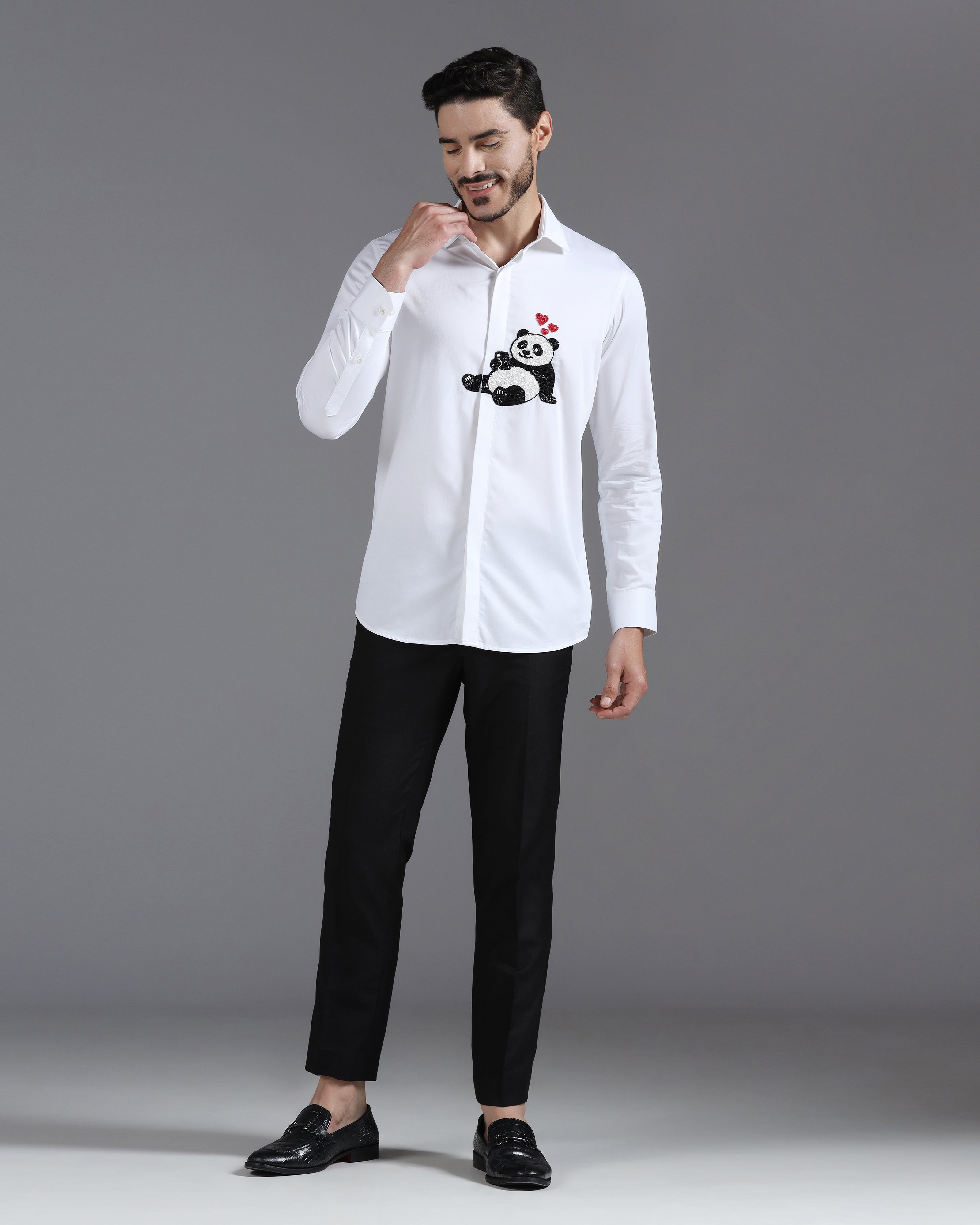 White Cotton Shirt with Hand-Embroidered Panda and Heart Detail