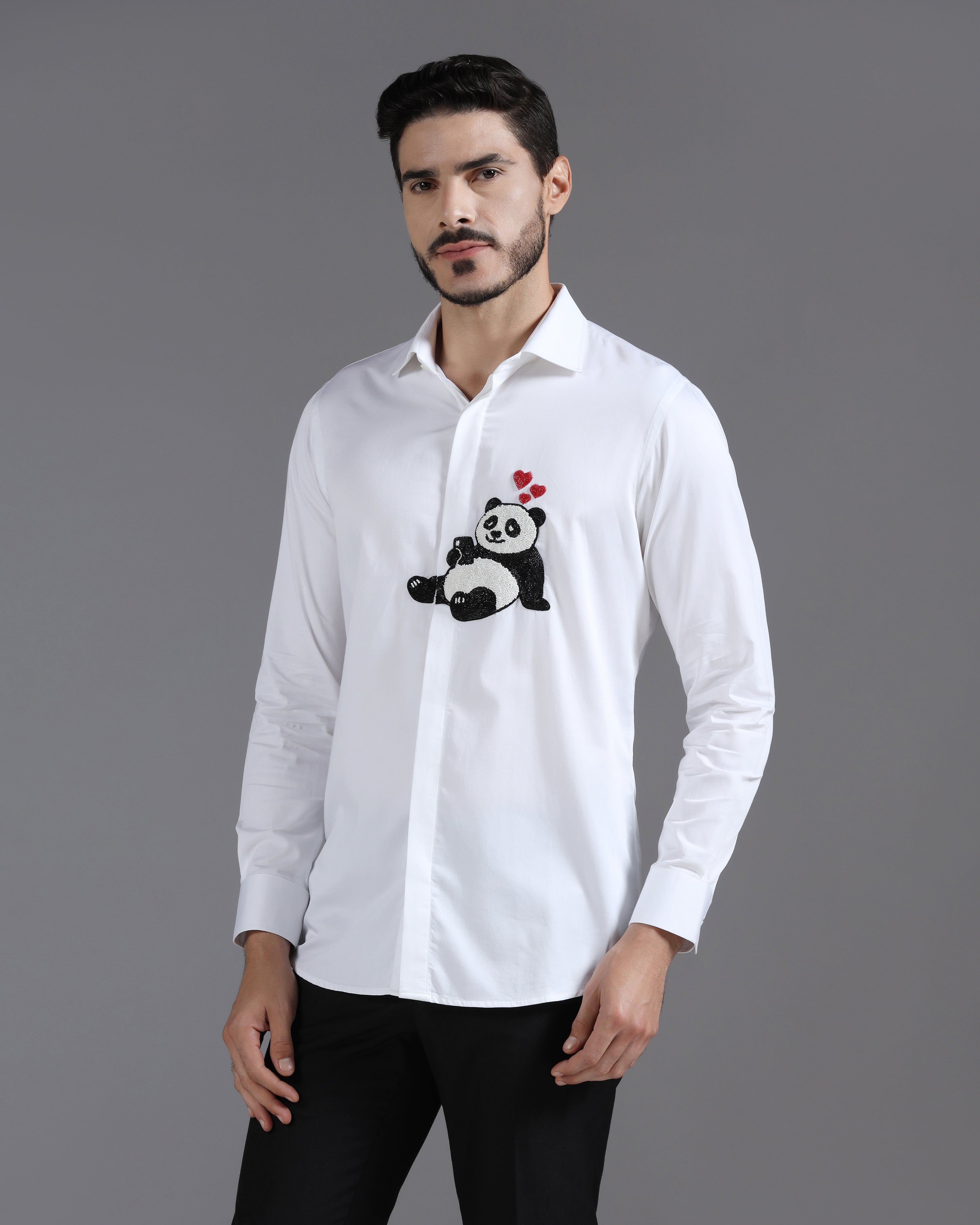 White Cotton Shirt with Hand-Embroidered Panda and Heart Detail